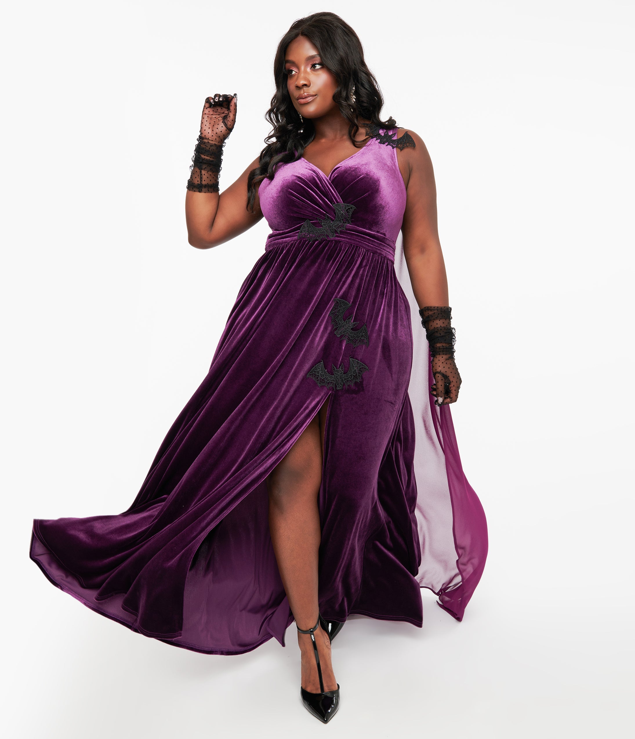 Unique Vintage Plus Size Eggplant & Black Bat Velvet Cape Gown