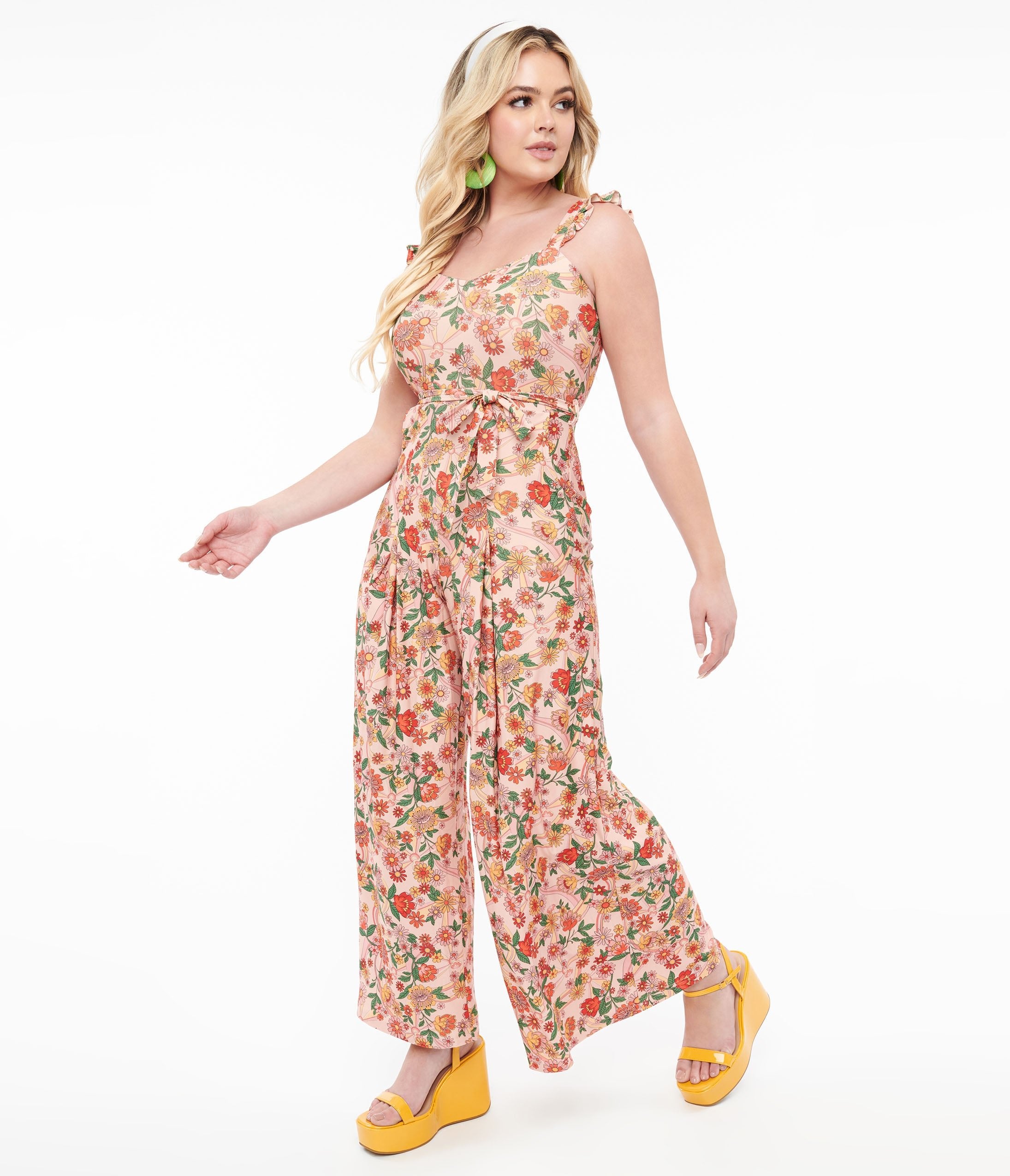 Voodoo Vixen 1970s Pink Rainbow Floral Print Jumpsuit