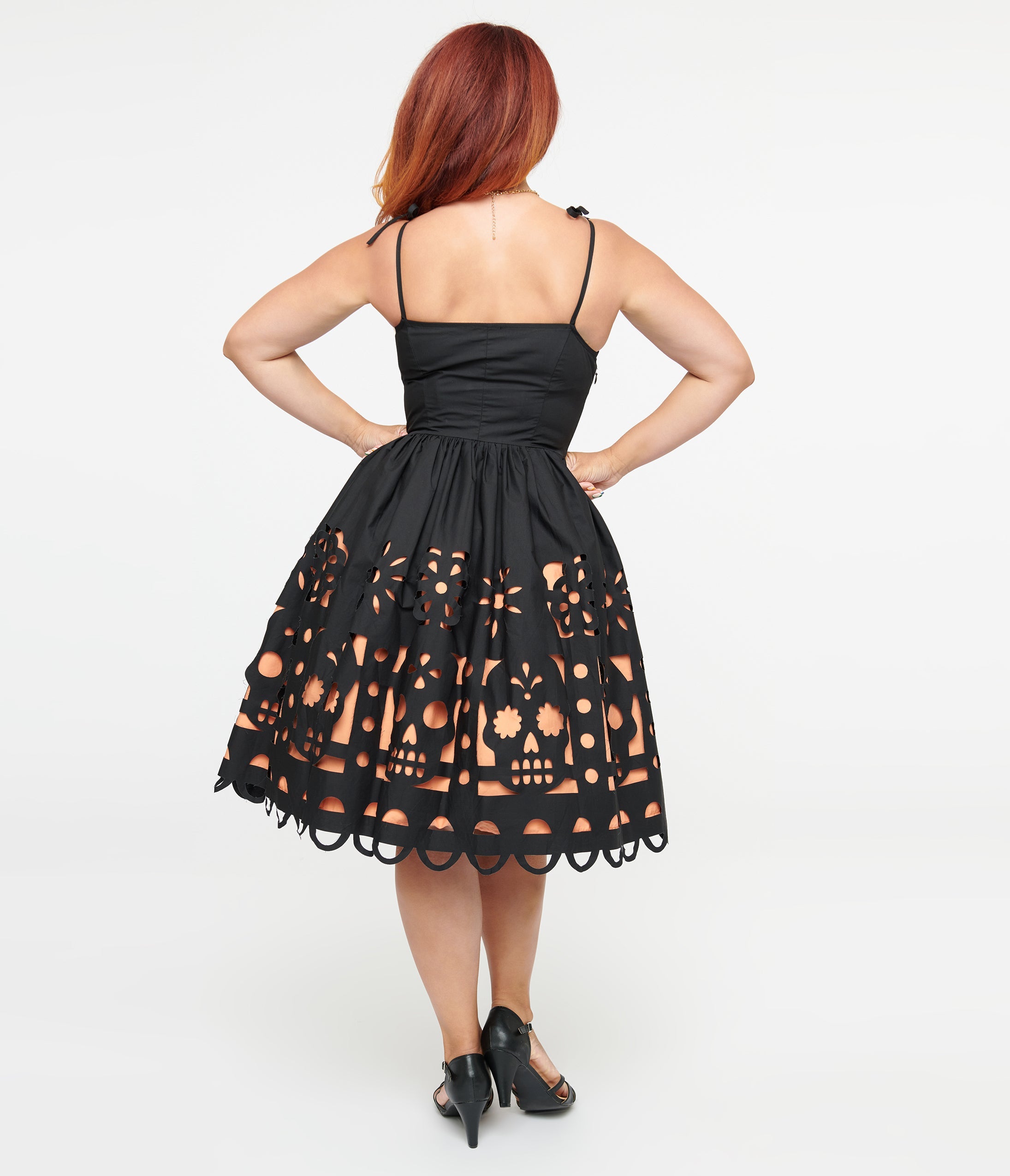 Unique Vintage 1950s Black & Orange Dia De Los Muertos Cutout Bobbie Swing Dress