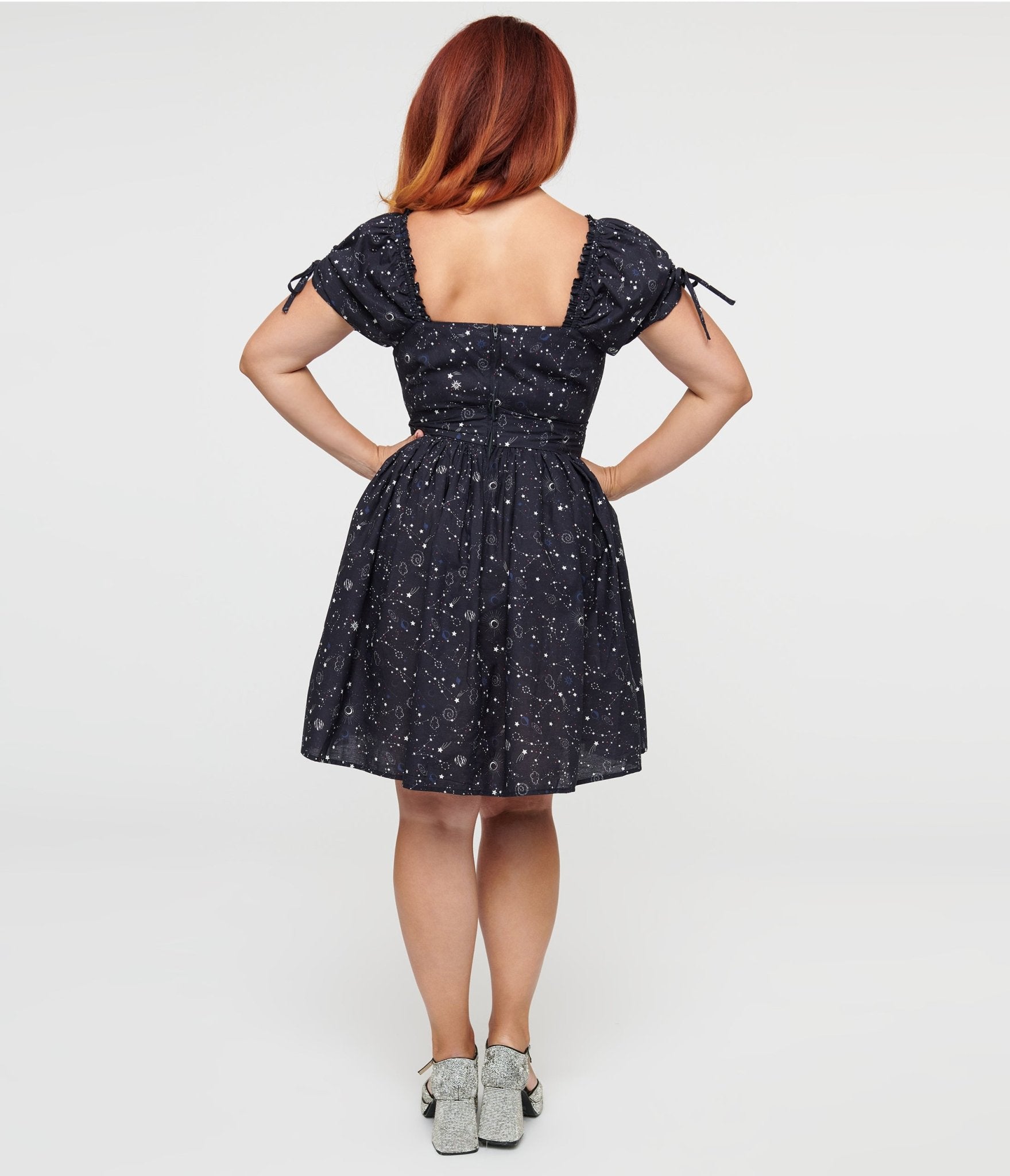 Unique Vintage 1950s Navy Cosmos Print Swing Dress