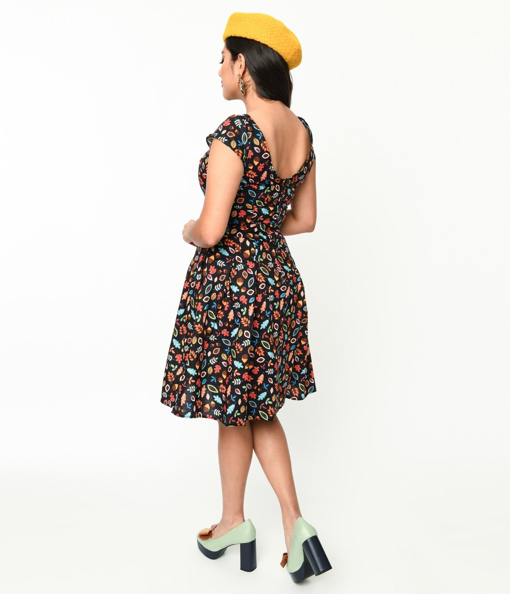 Retrolicious Black Leaves & Acorns Margaret Flare Dress