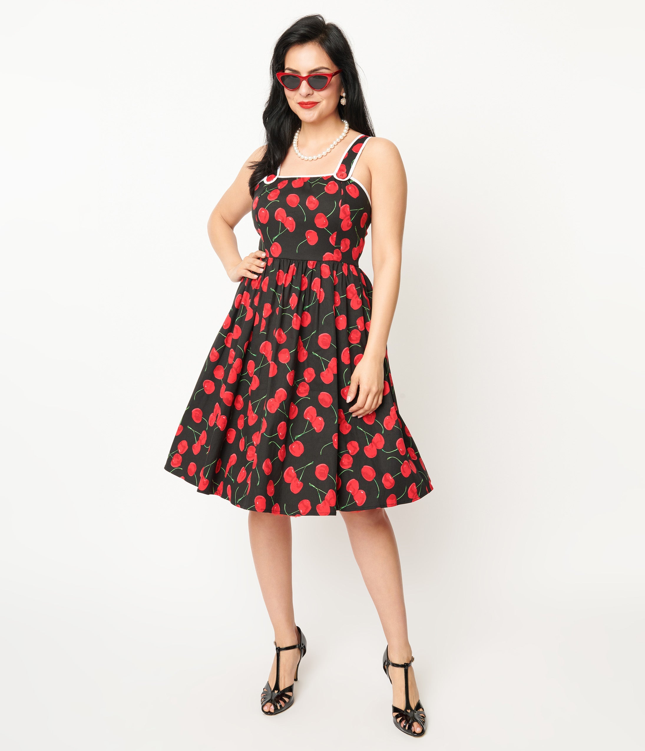 Unique Vintage 1950s Black & Cherry Print Cotton Pinafore Swing Dress