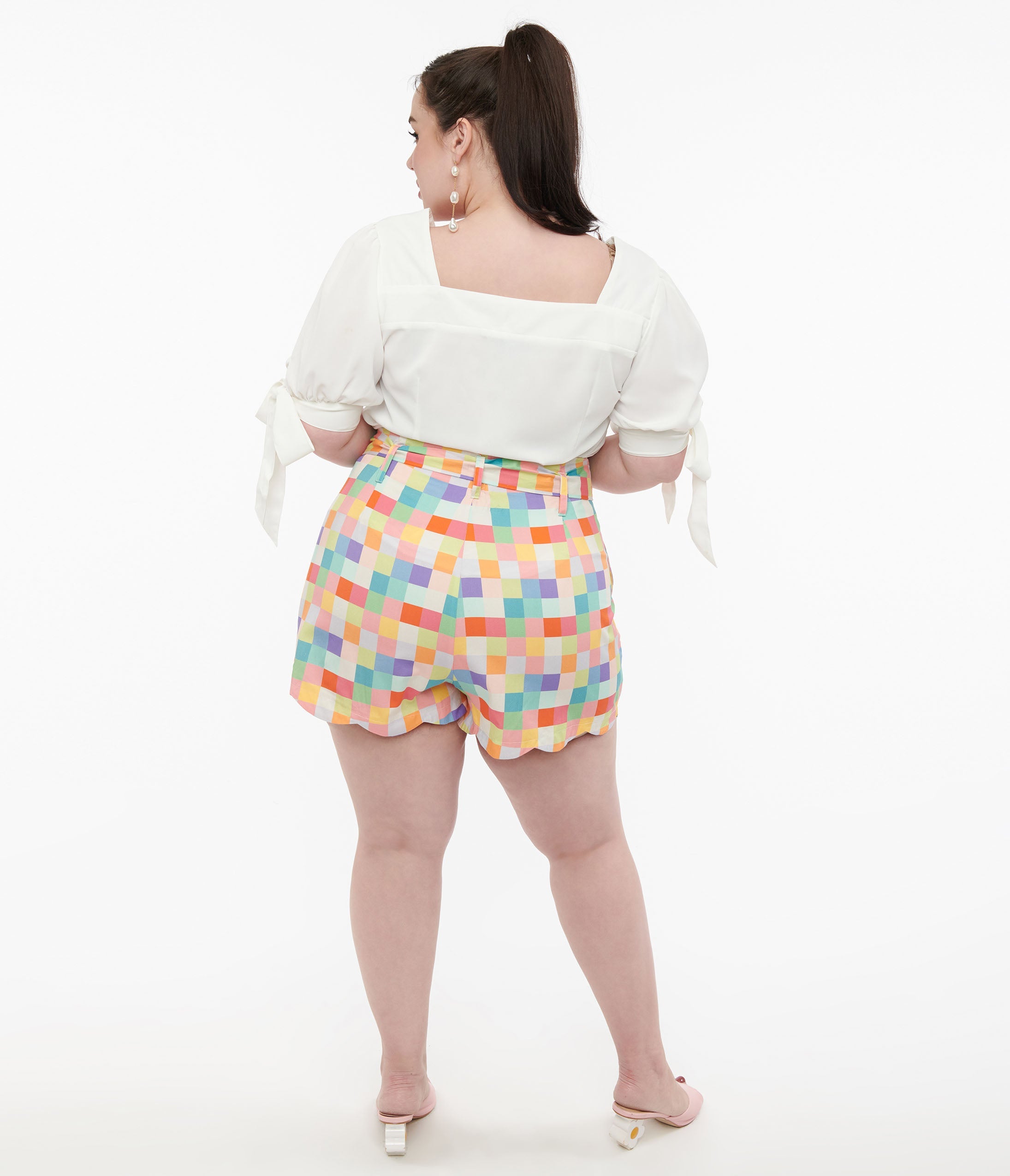 Unique Vintage Plus Size 1940s Rainbow Pastel Check Cotton High Waist Shorts