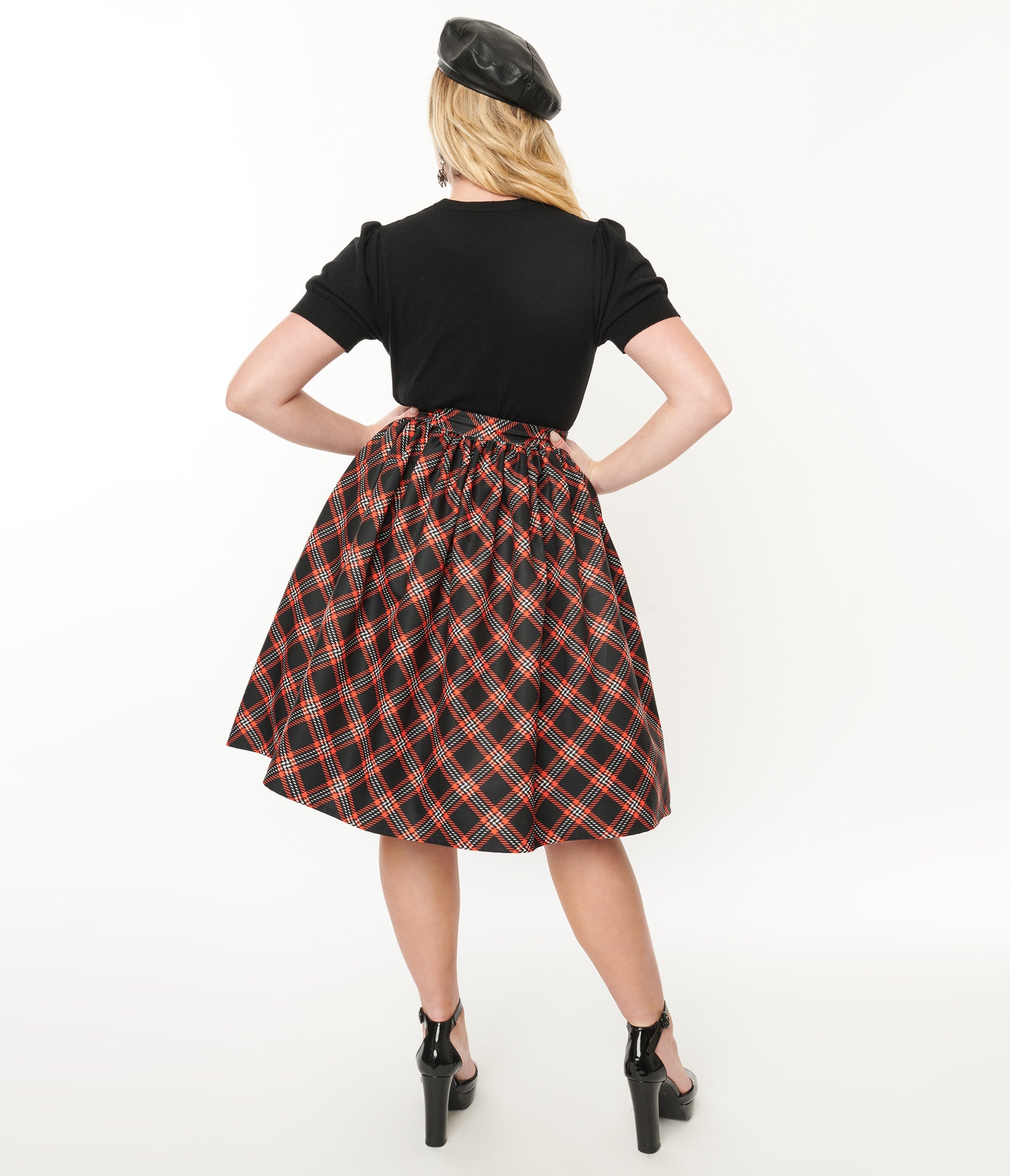 Unique Vintage 1950s Black & Orange Plaid Gellar Swing Skirt