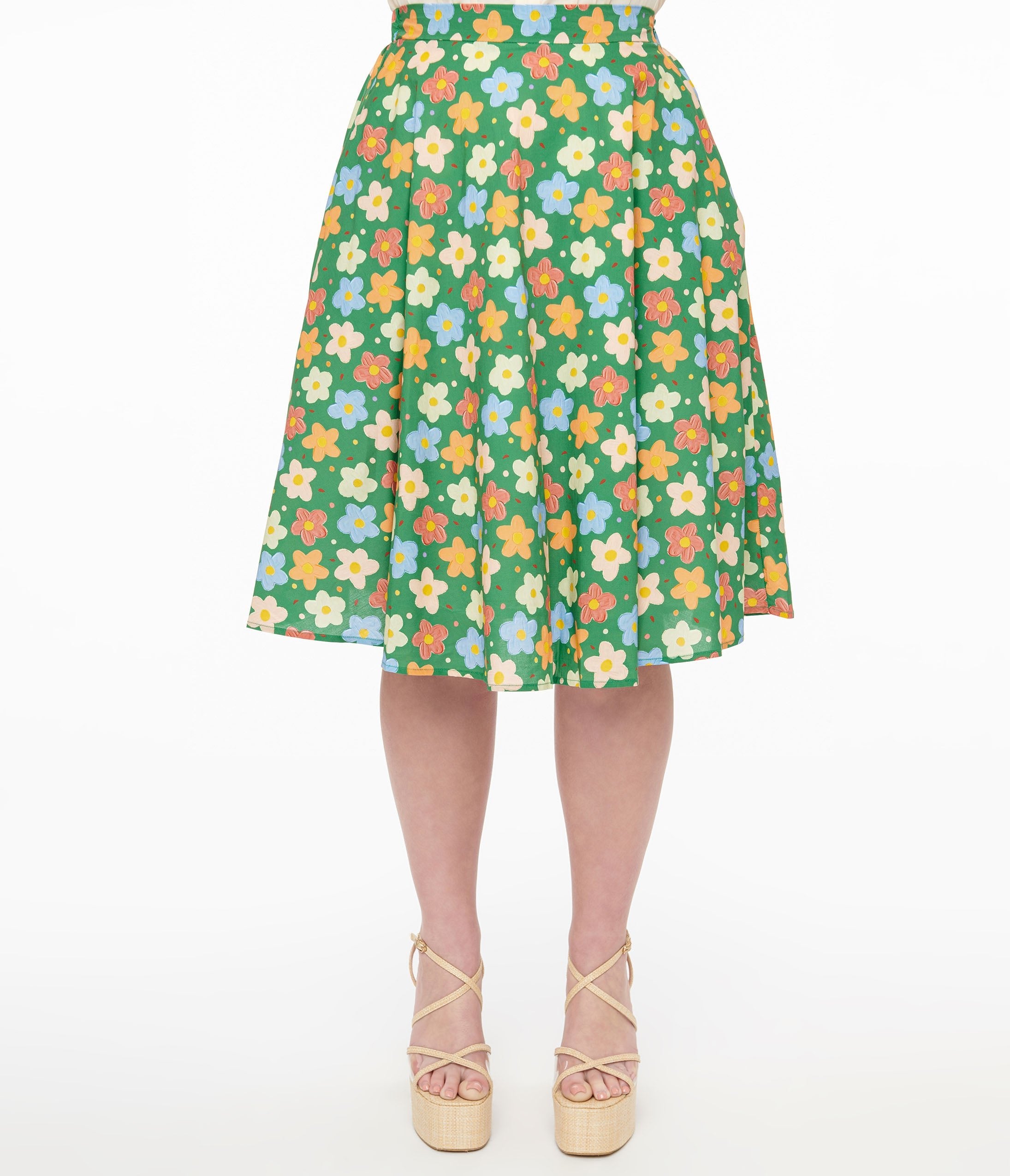 1950s Green Retro Floral Cotton Swing Skirt