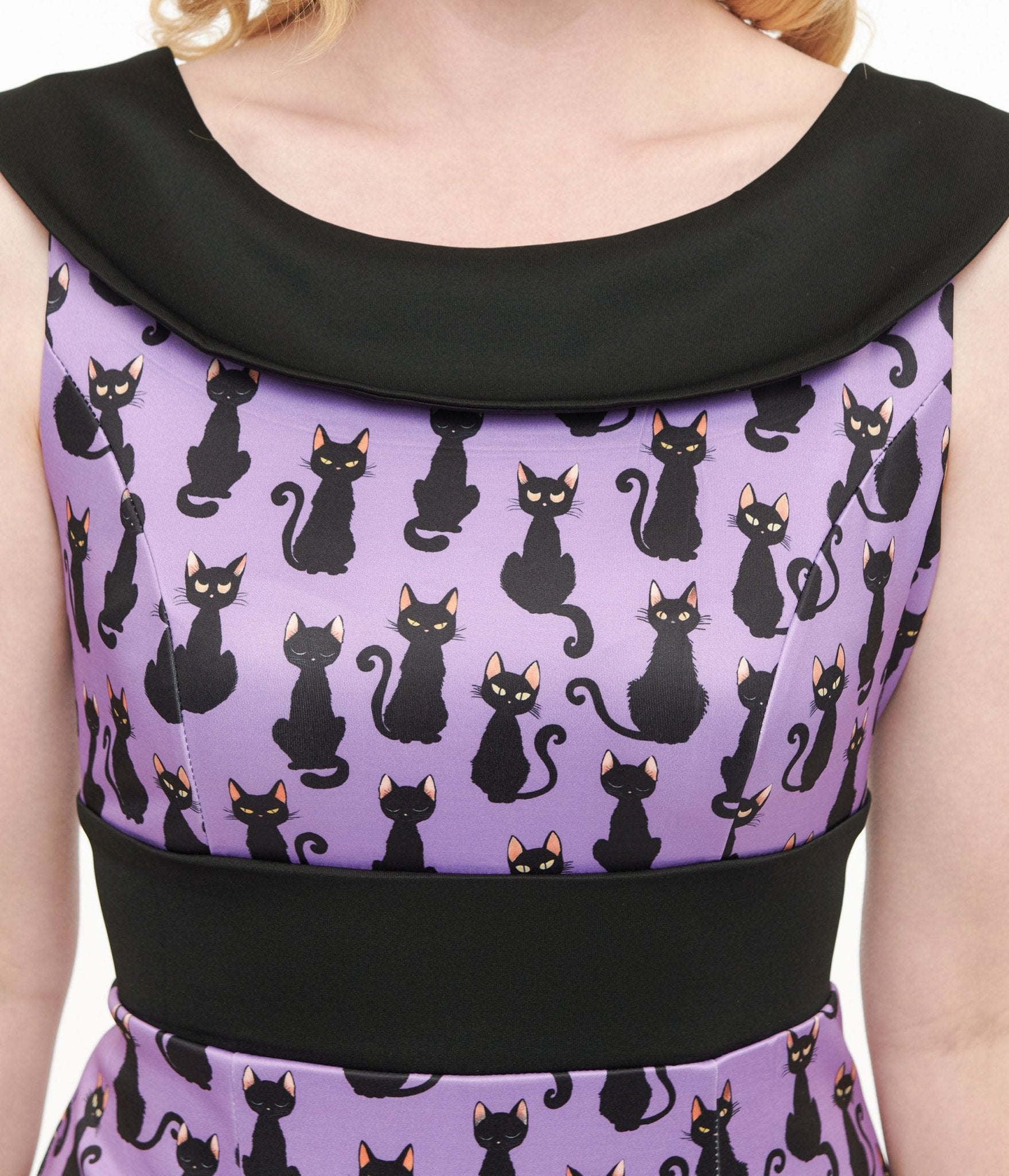 Dolly & Dotty 1950s Purple & Black Cat Print Darla Wiggle Dress