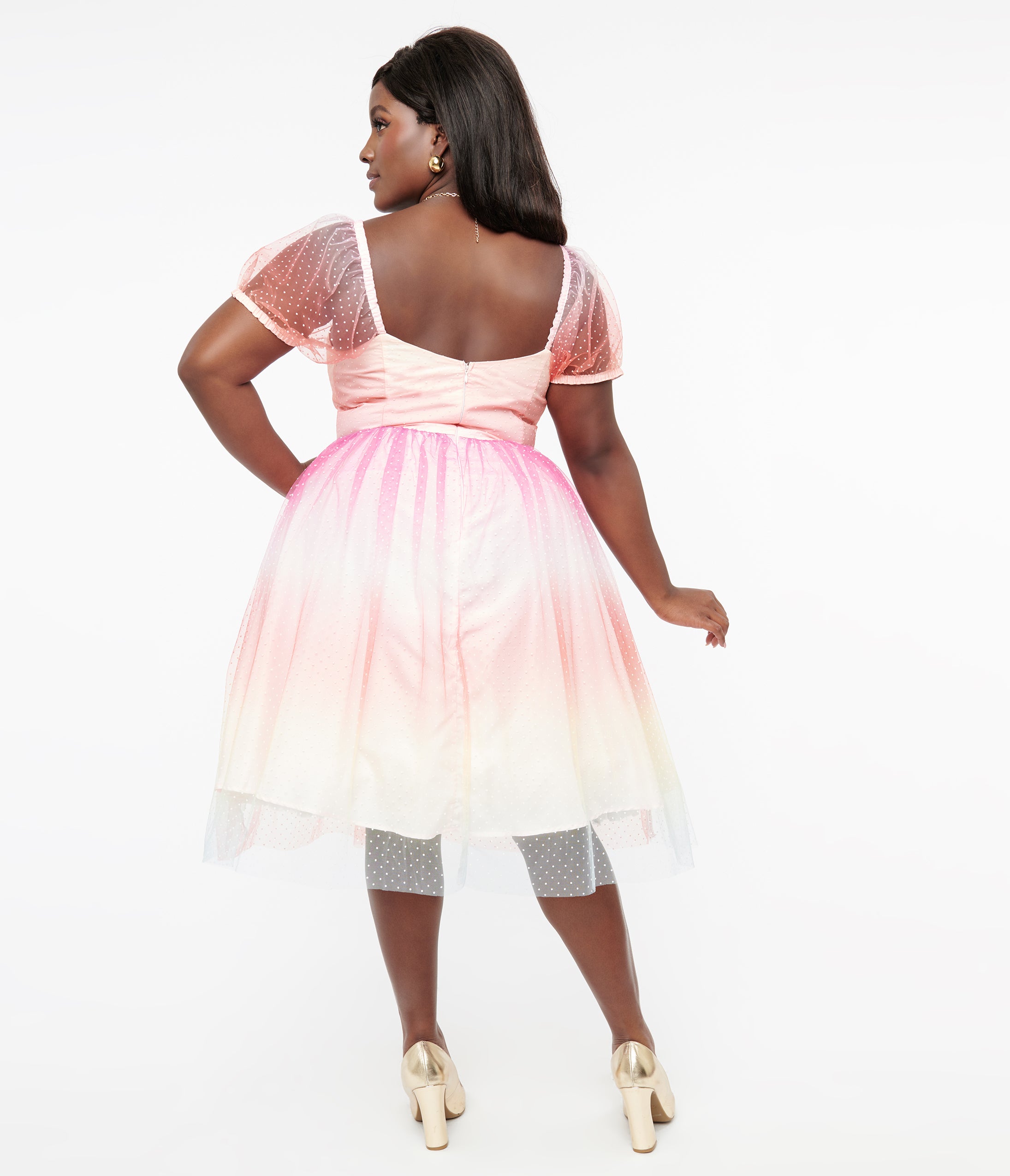 Unique Vintage Plus Size 1950s Pastel Rainbow Ombre Clip Dot Tulle Sweetheart Fit & Flare Dress