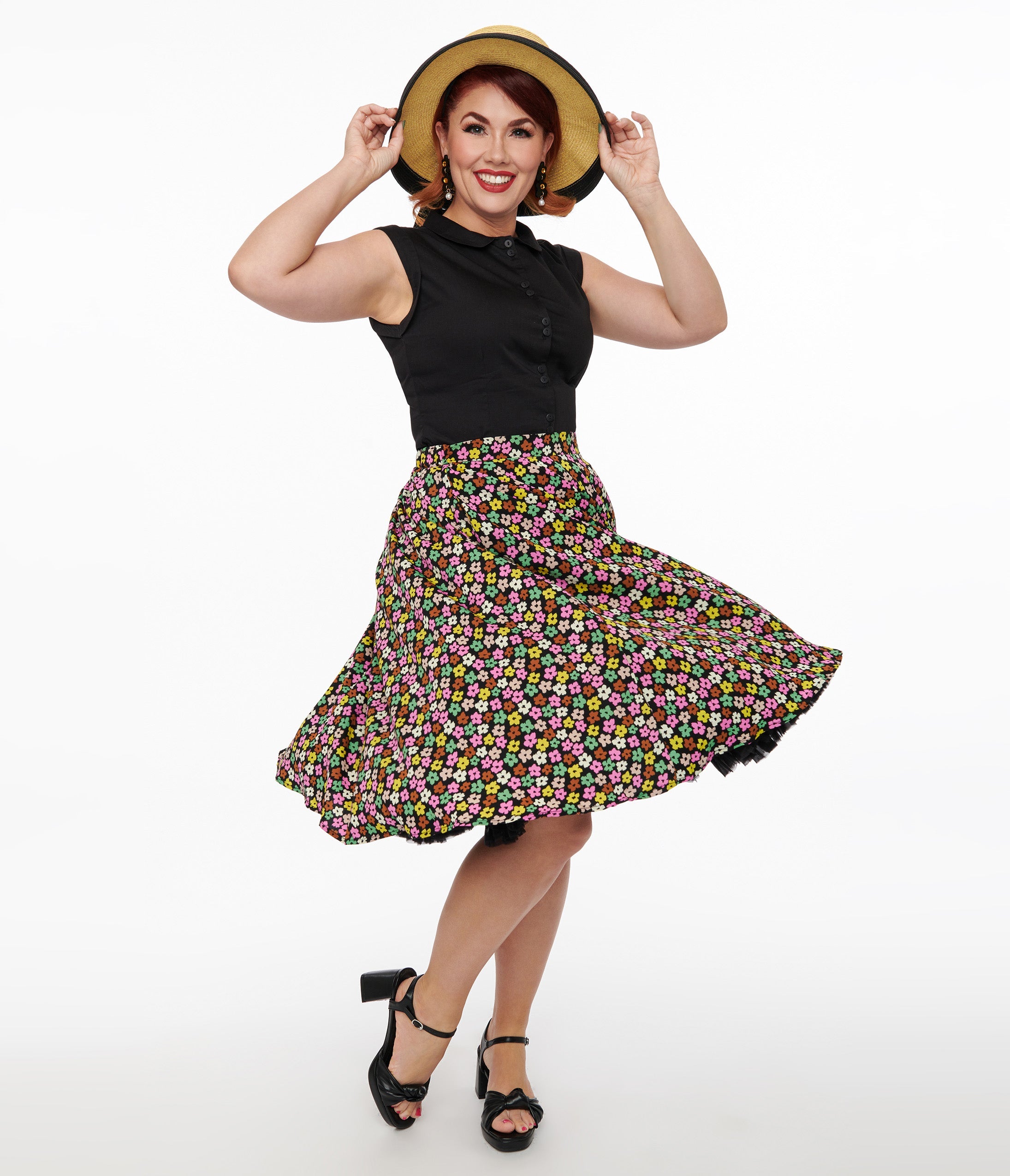 1950s Black & Multicolor Flower Print Swing Skirt