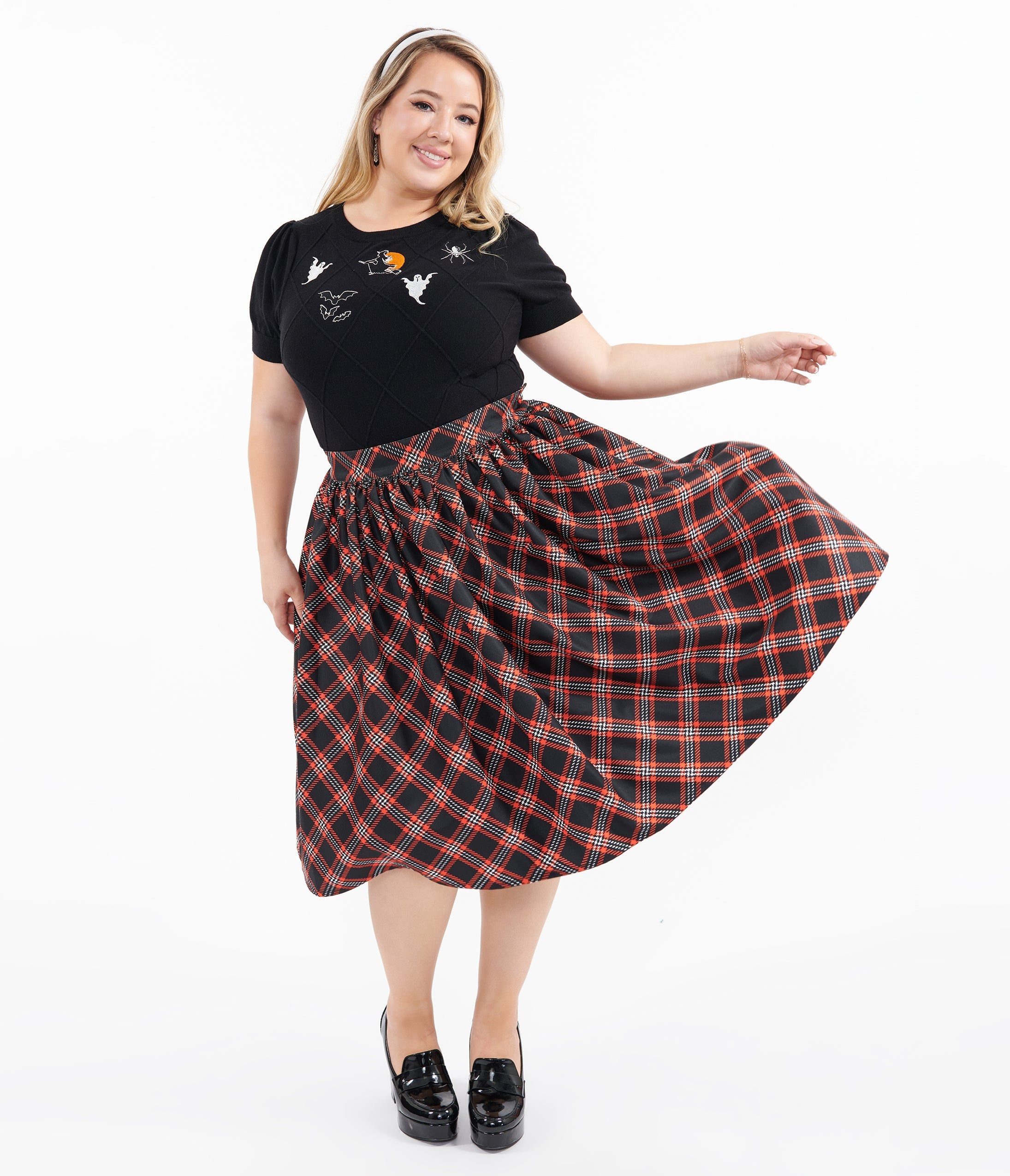 Unique Vintage Plus Size 1950s Black & Orange Plaid Gellar Swing Skirt