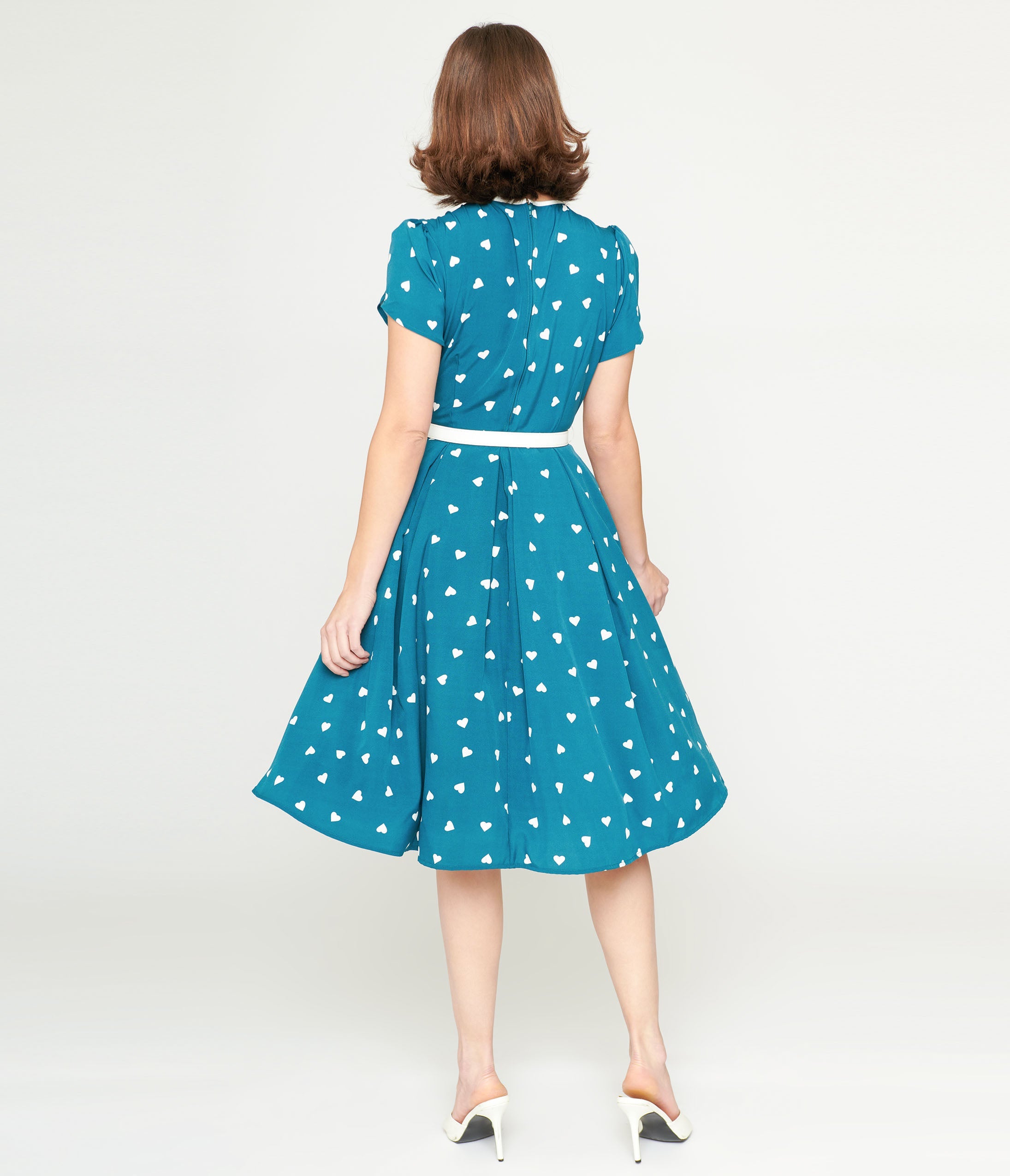 Unique Vintage 1940s Teal & White Heart Dahlia Swing Dress