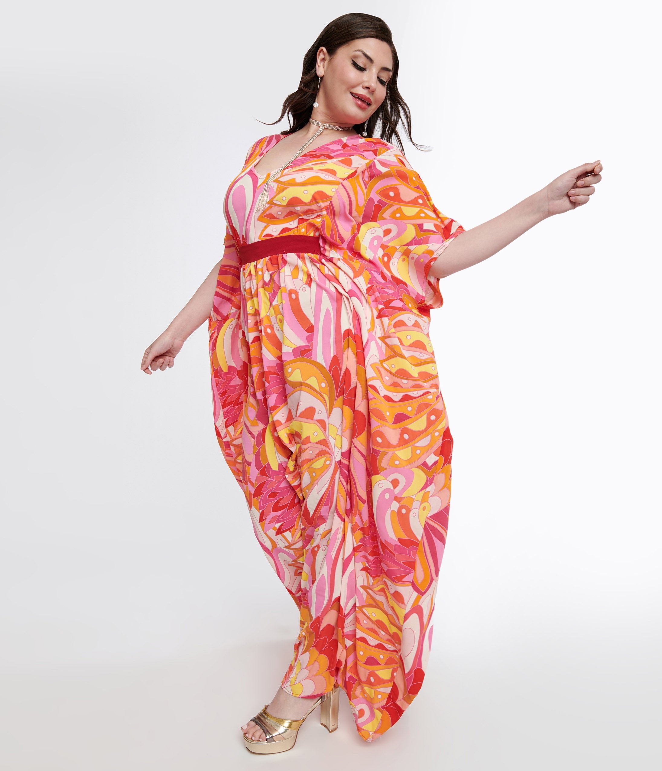 Unique Vintage Plus Size 1970s Pink & Orange Psychedelic Print Caftan Jumpsuit