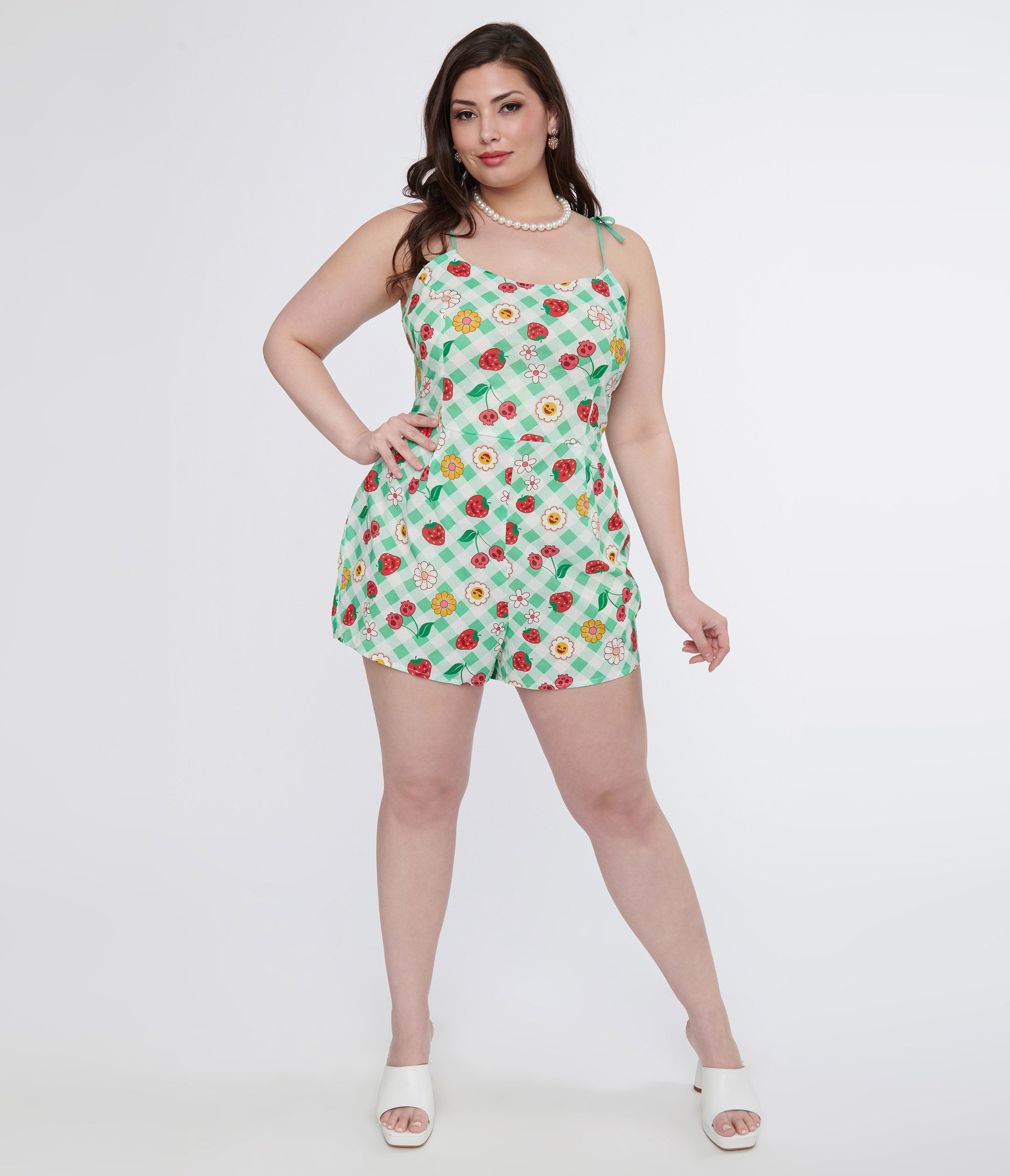 Unique Vintage Plus Size 1950s Green Gingham Spooky Fruit Print Romper & Skirt Set