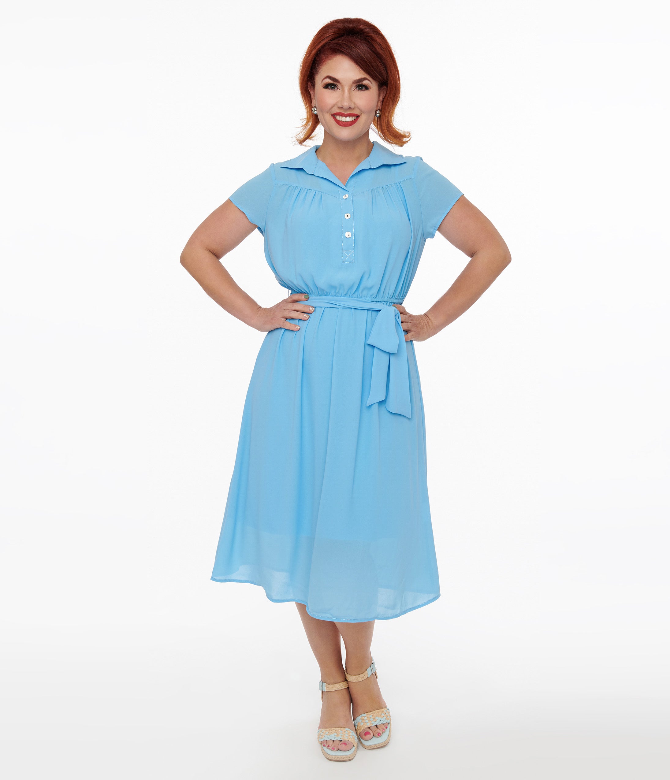 Hell Bunny 1930s Baby Blue Chiffon Midi Pearl Dress