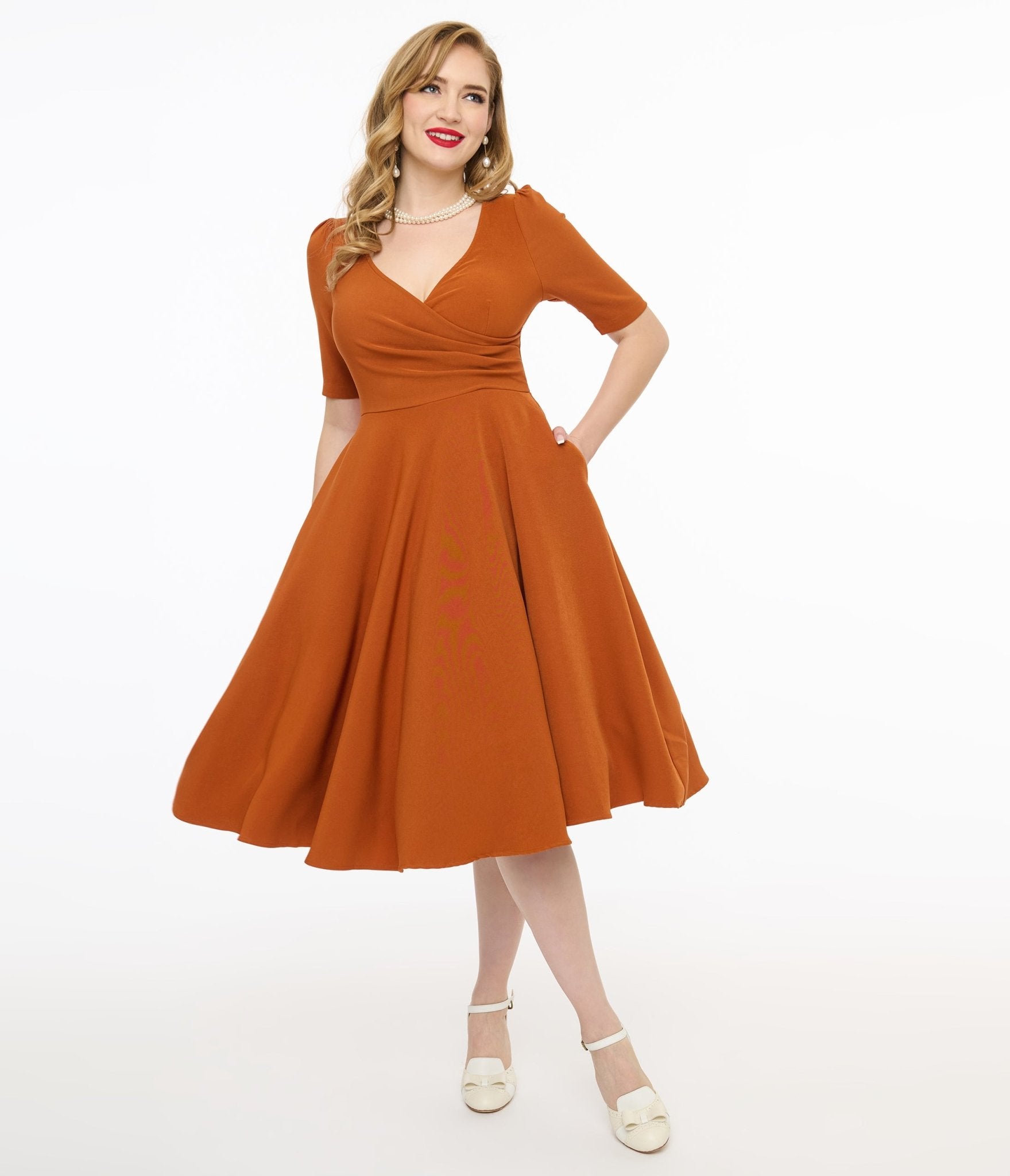 Voodoo Vixen 1950s Orange Wrapover Swing Dress