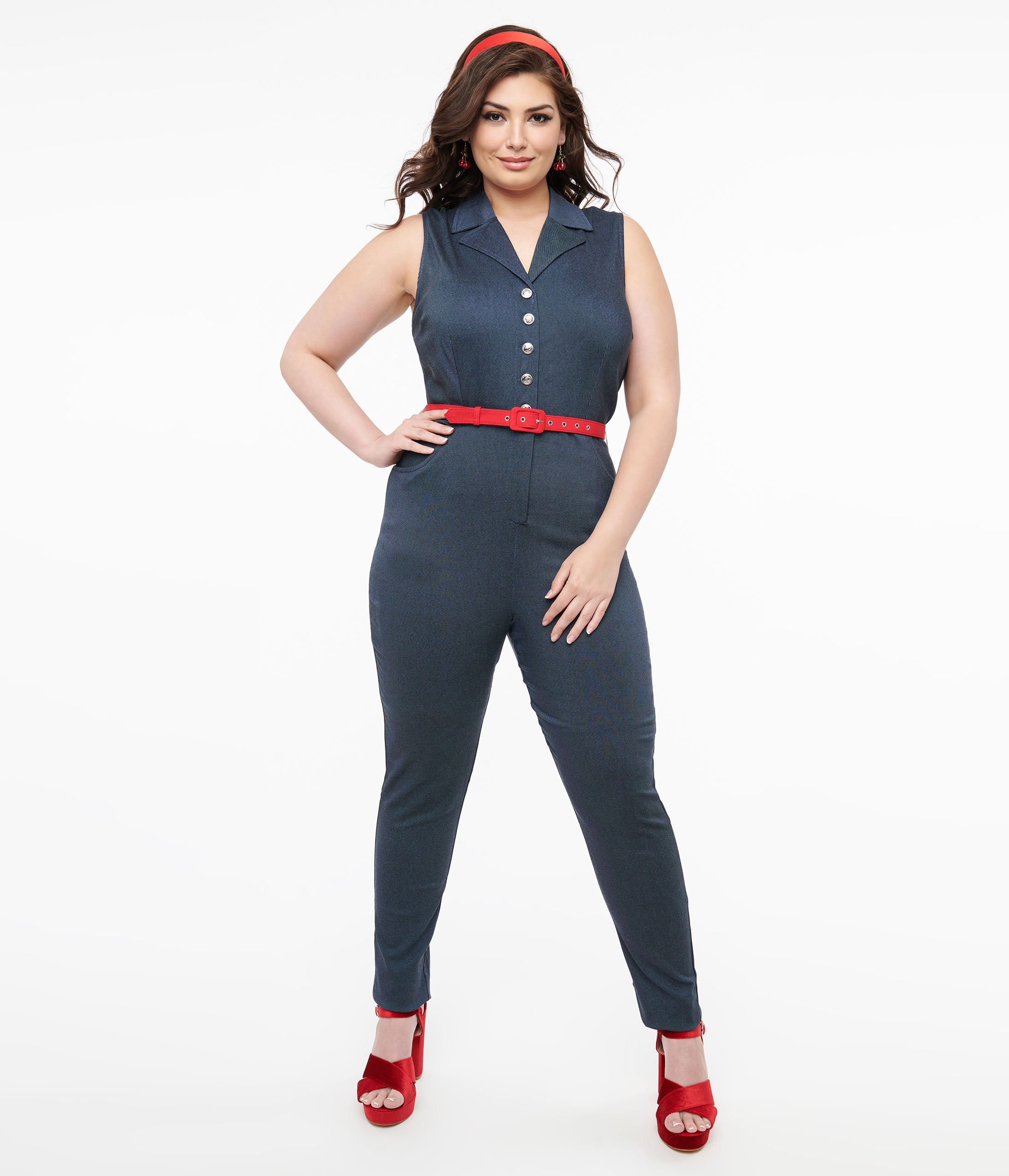 Unique Vintage Plus Size Blue Denim & Red Belt Skinny Jumpsuit