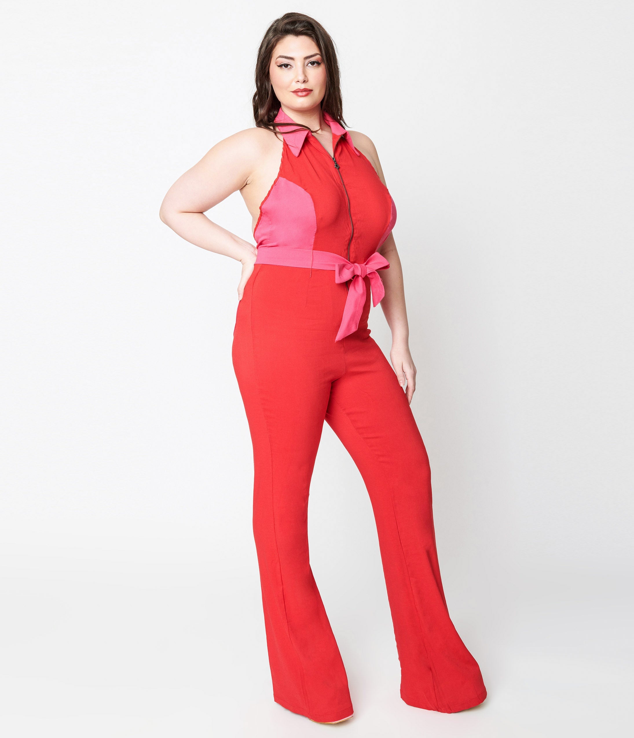 Smak Parlour Plus Size 1970s Red & Pink Heart Pocket Front Zip Halter Jumpsuit