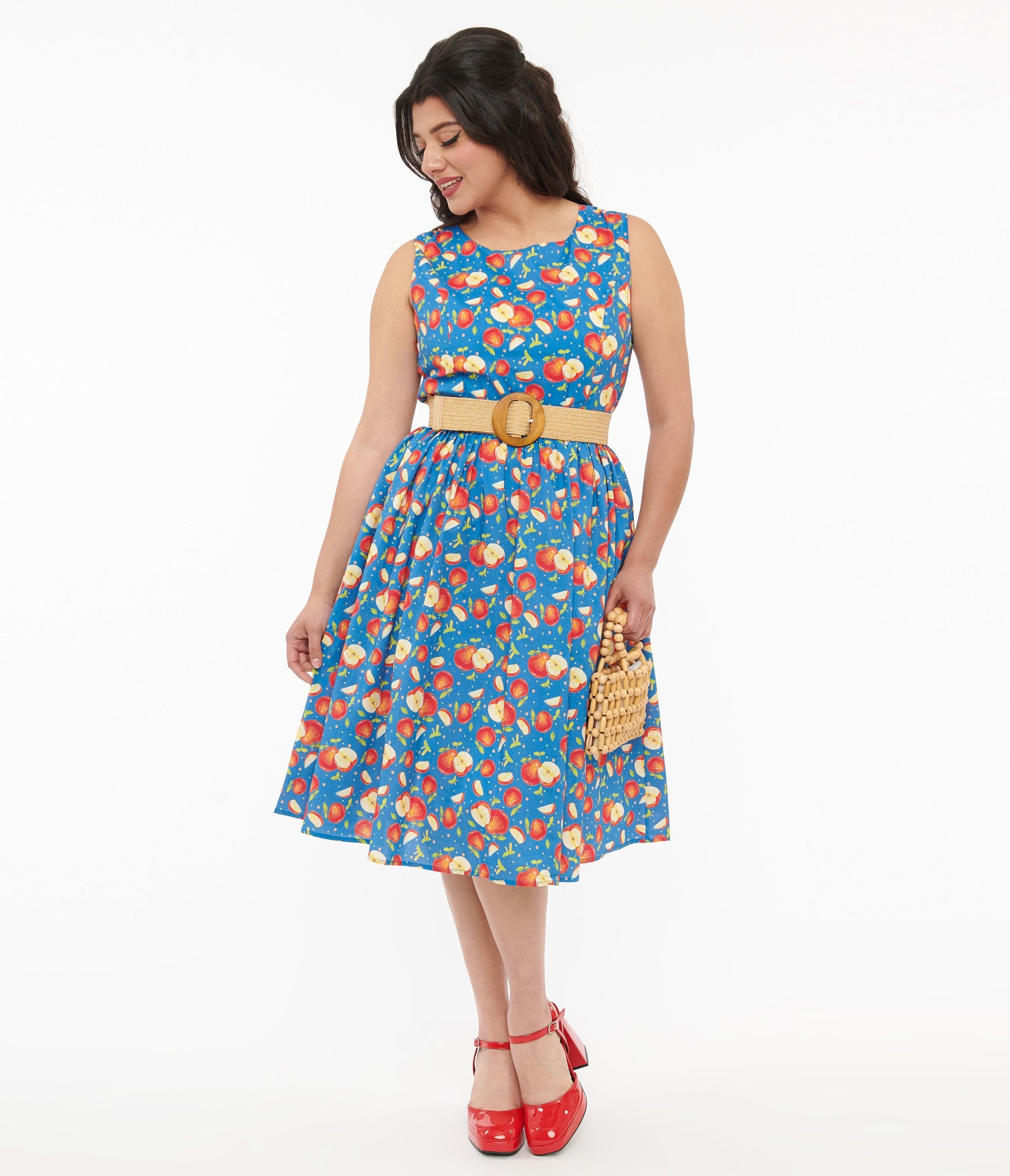 1950s Blue & Red Apple Print Cotton Swing Dress