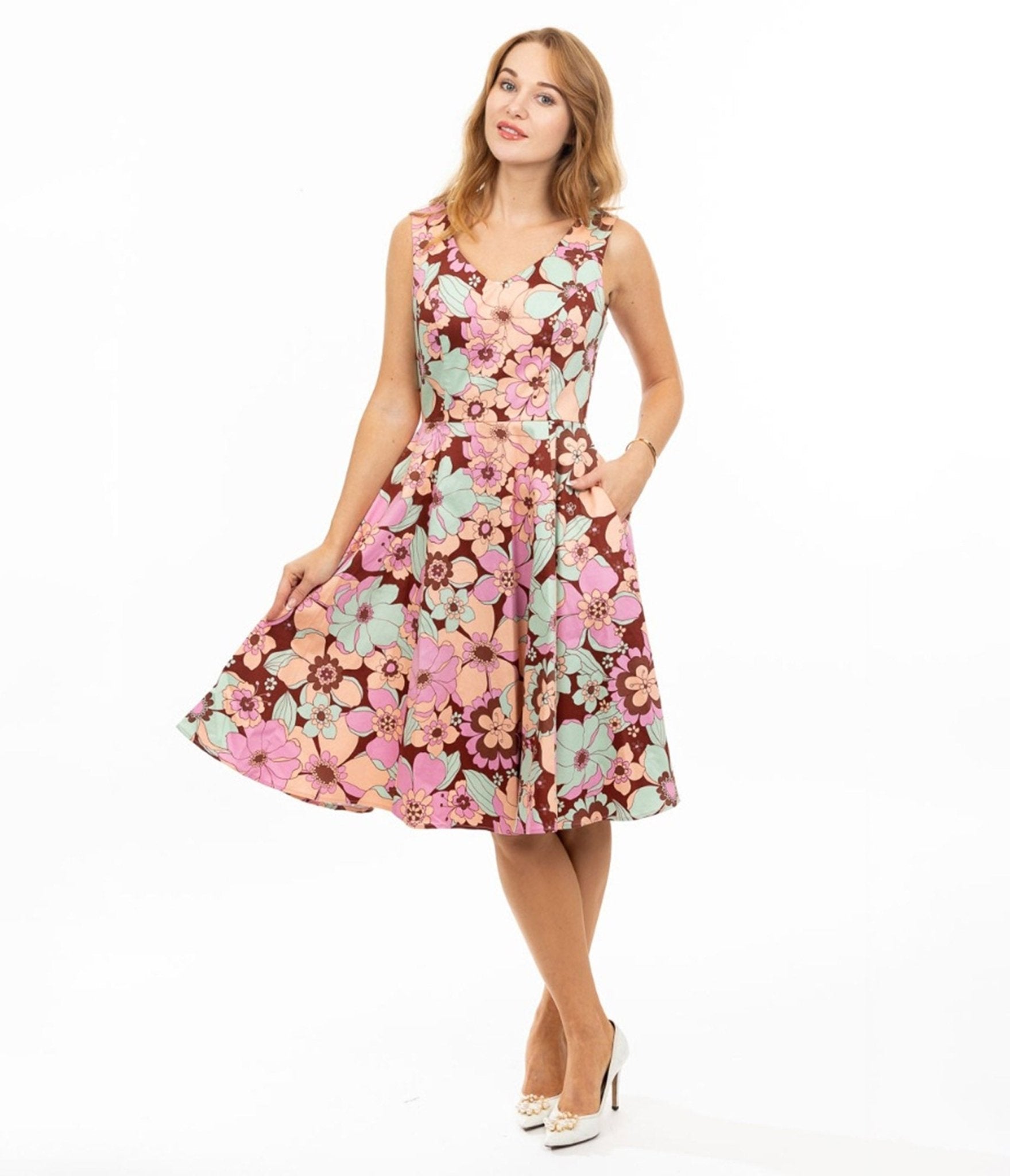 Burgundy & Pastel Florals Swing Dress