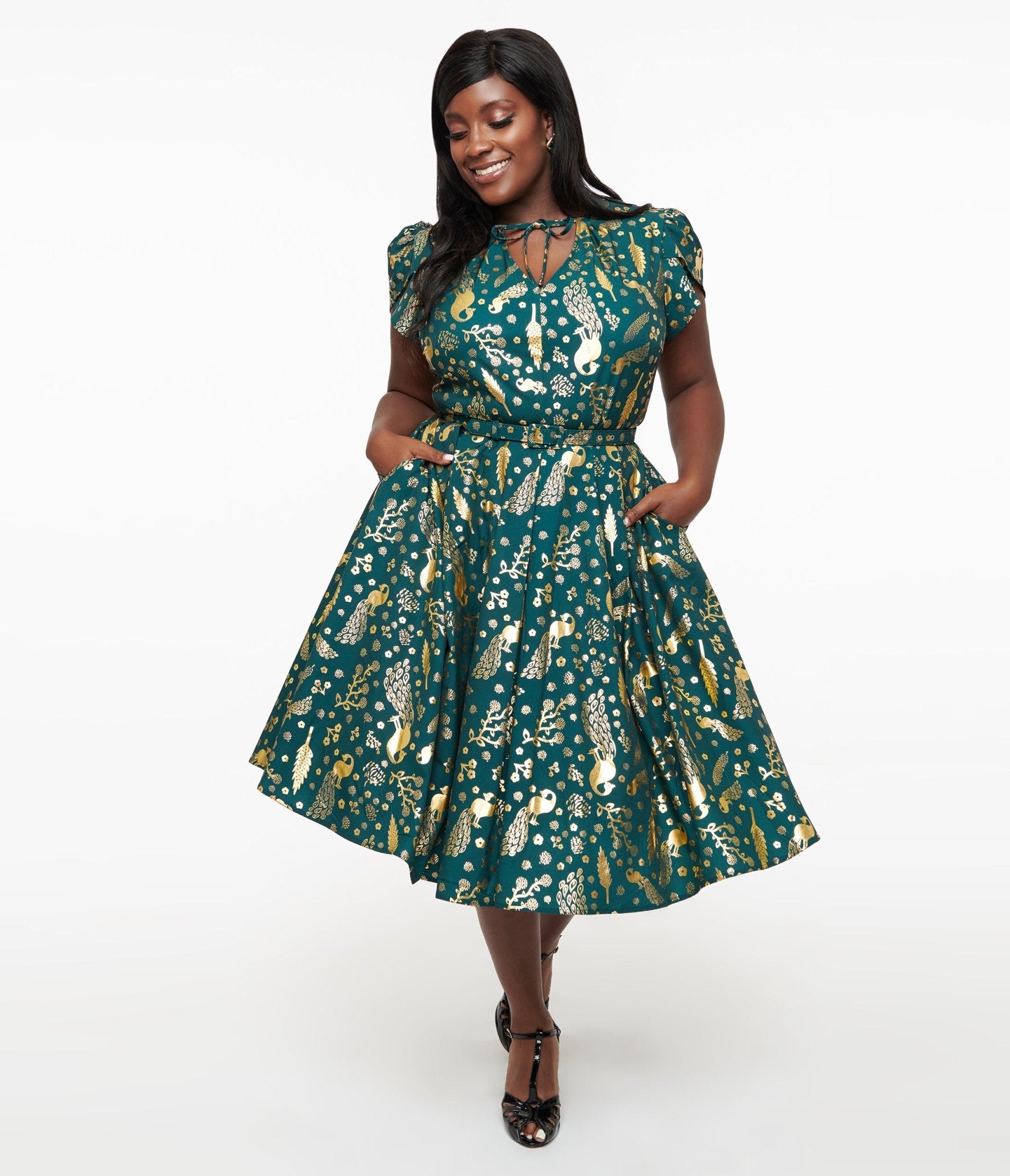 Unique Vintage Plus Size 1940s Green & Gold Peacock Print Dahlia Swing Dress