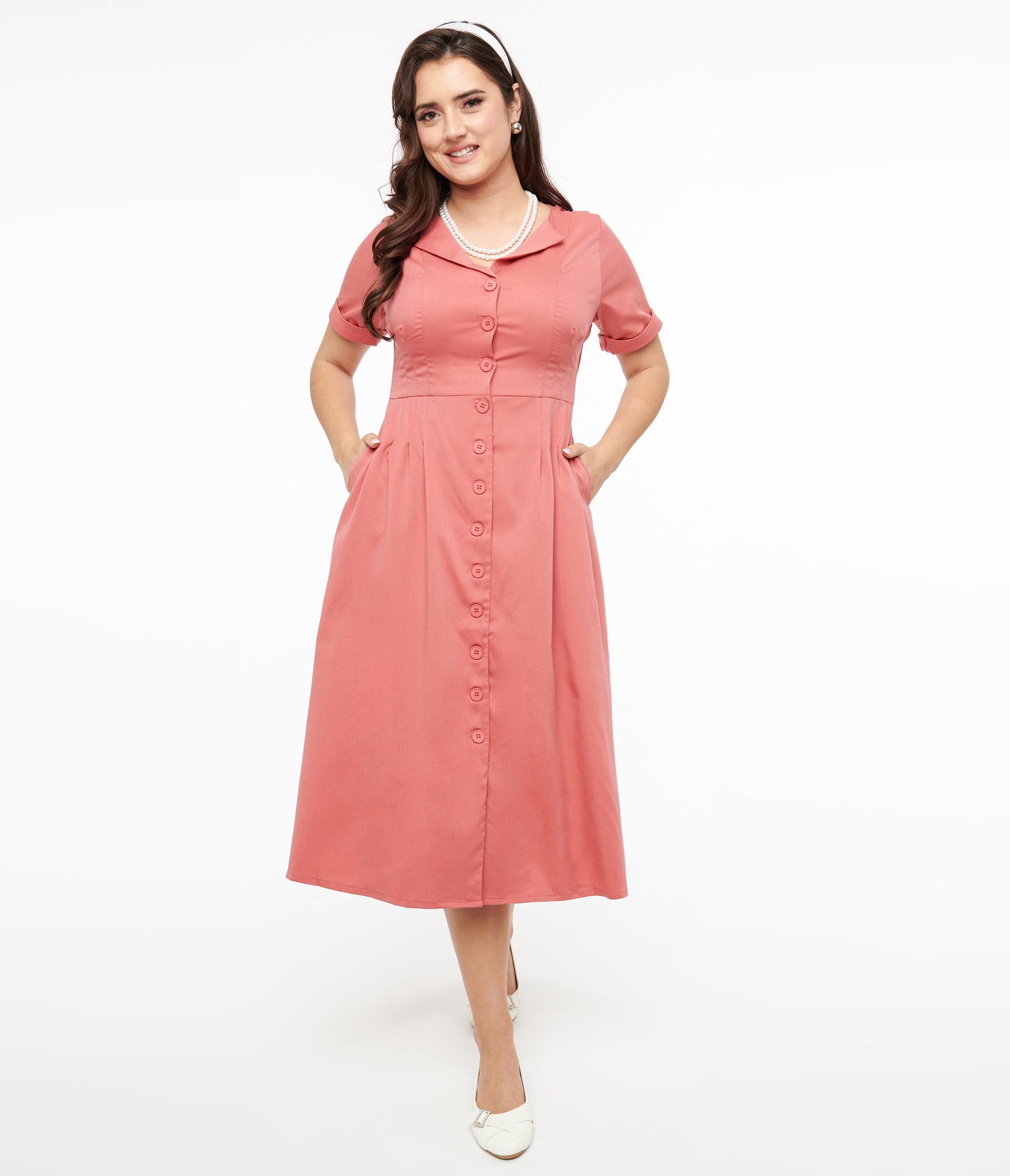 Voodoo Vixen 1940s Pink Midi Shirt Dress