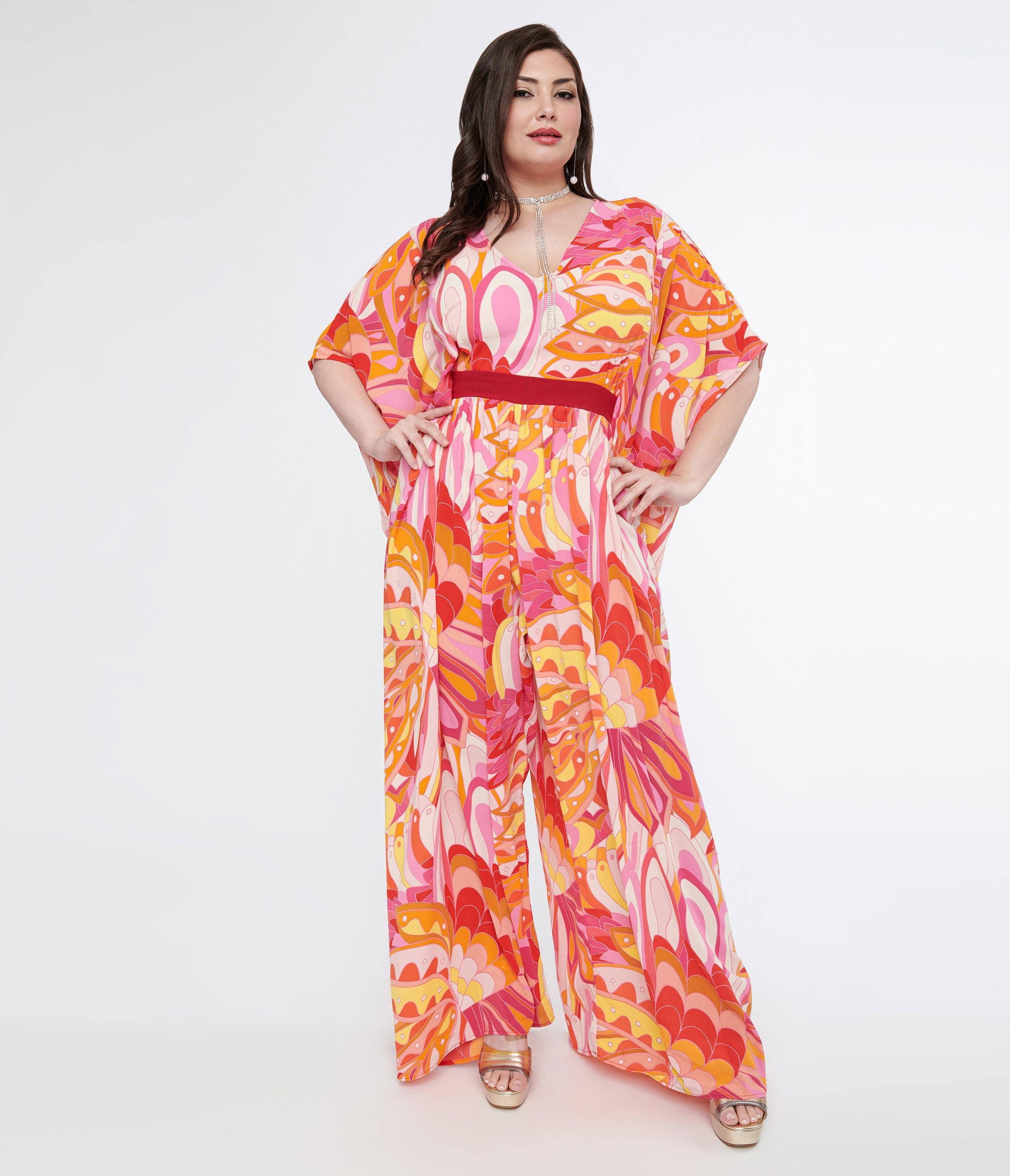 Unique Vintage Plus Size 1970s Pink & Orange Psychedelic Print Caftan Jumpsuit