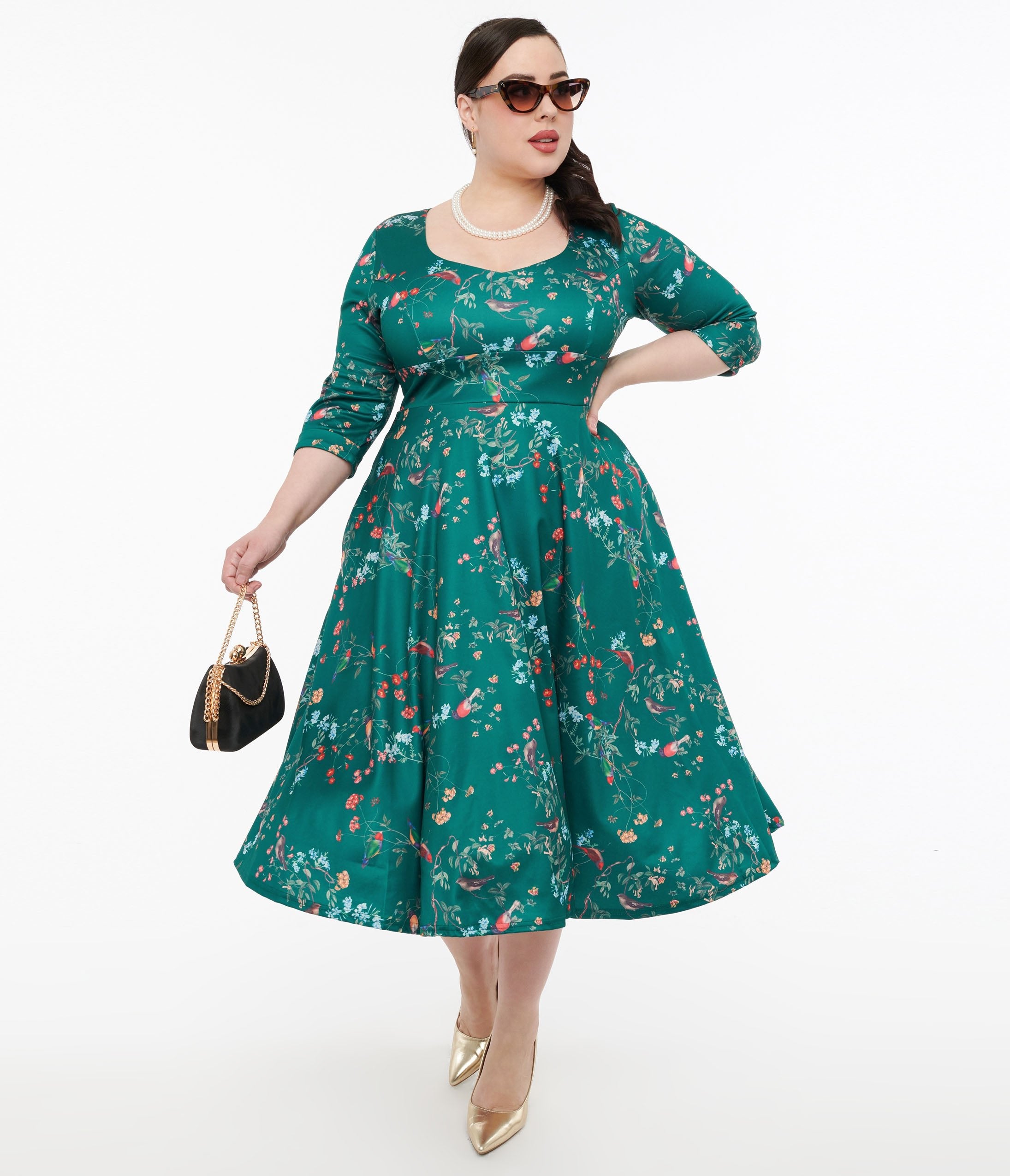 Dolly & Dotty 1950s Green Bird Print Swing Dress