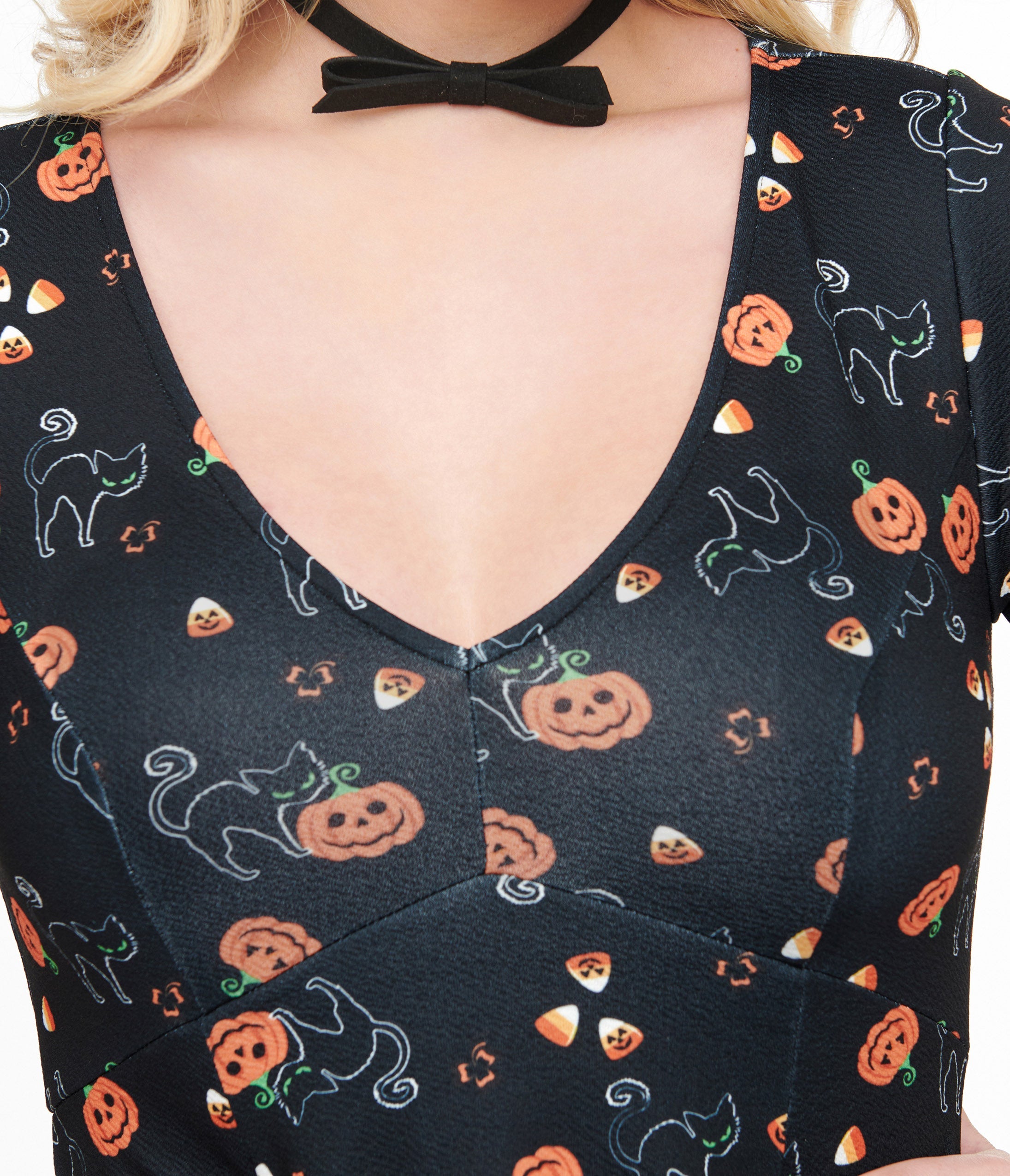 Unique Vintage 1950s Black Spooky Cats & Pumpkins Poppy Flare Dress