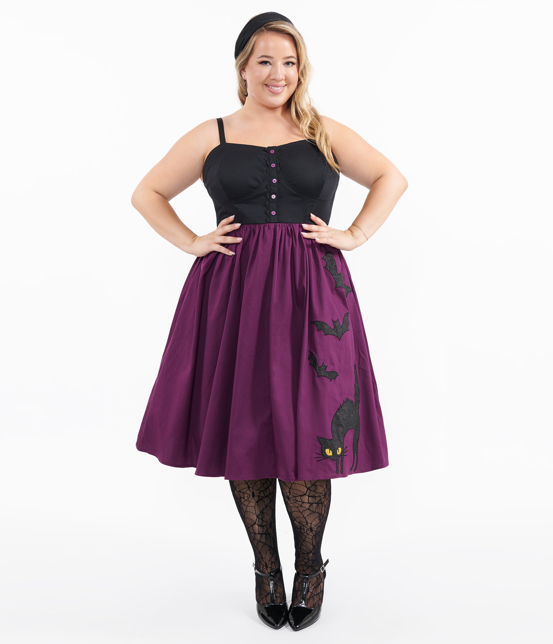 Unique Vintage Plus Size 1950s Purple & Black Glitter Cat Swing Dress