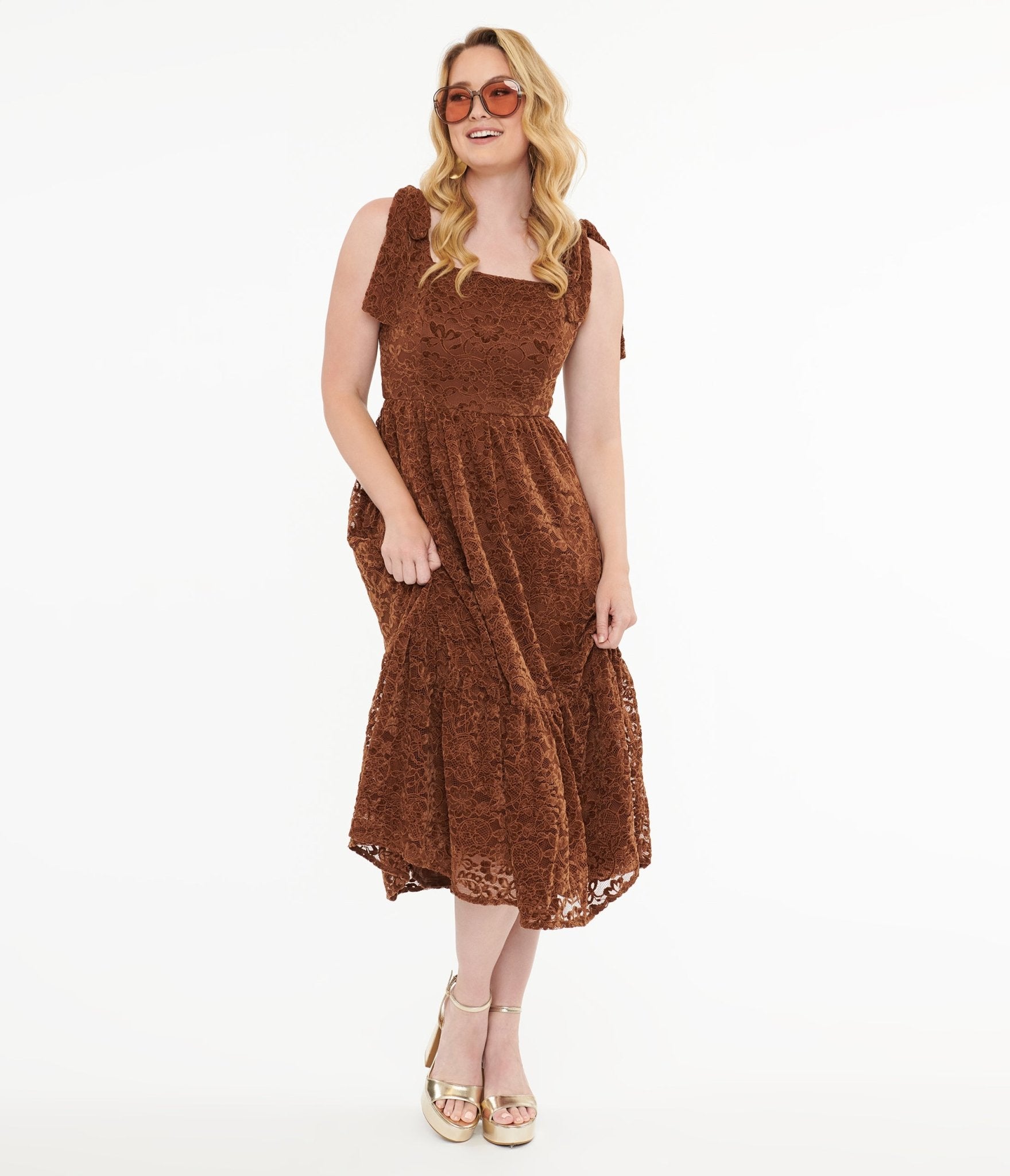 Brown Velvet Lace Midi Dress