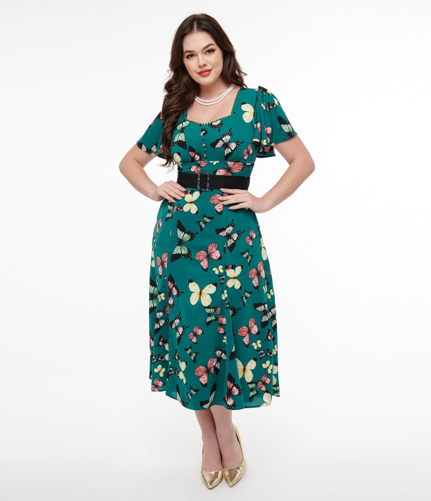 Unique Vintage 1940s Green Butterfly Print Midi Dress