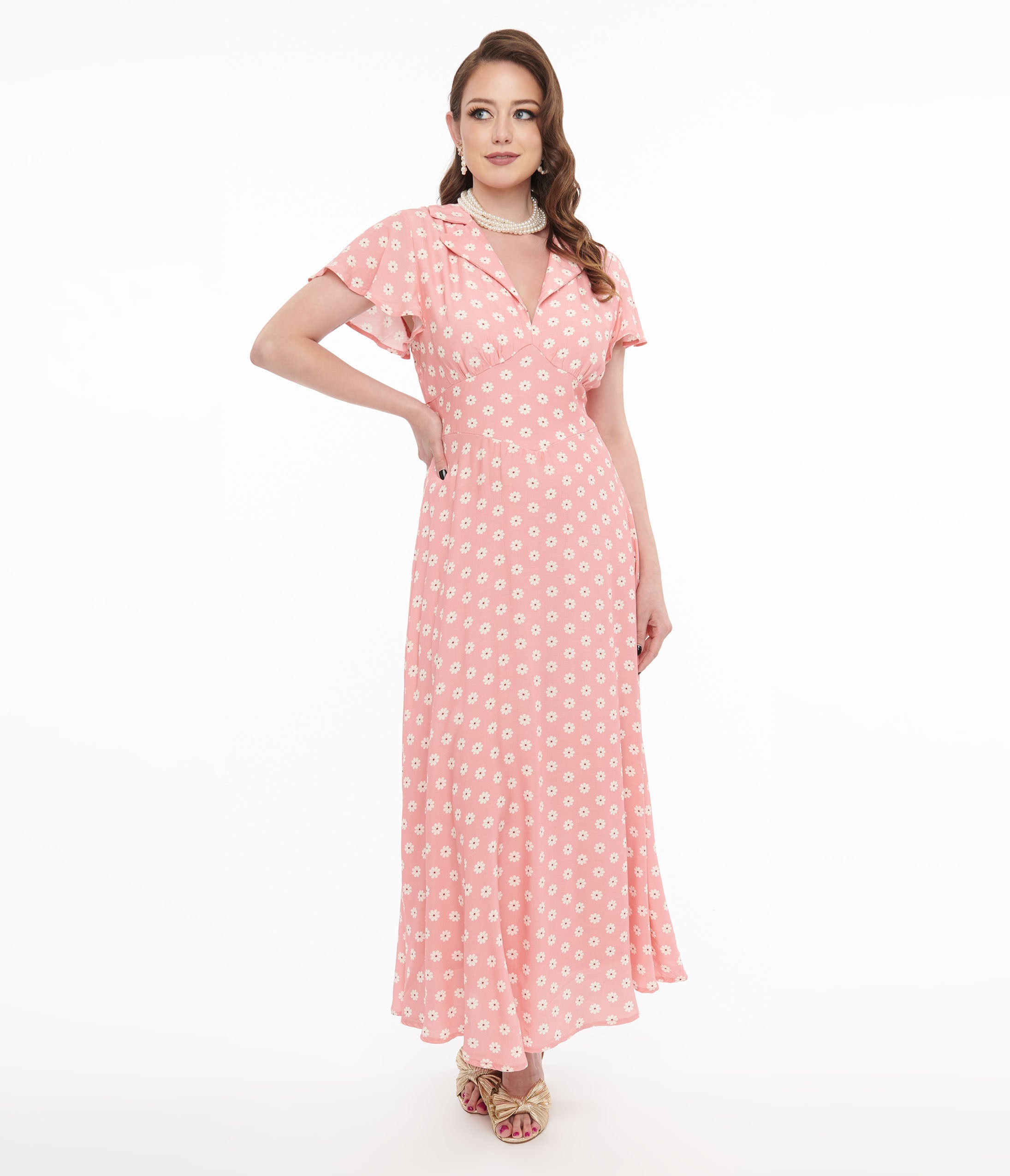 1930s Pink Daisy Salome Midi Dress