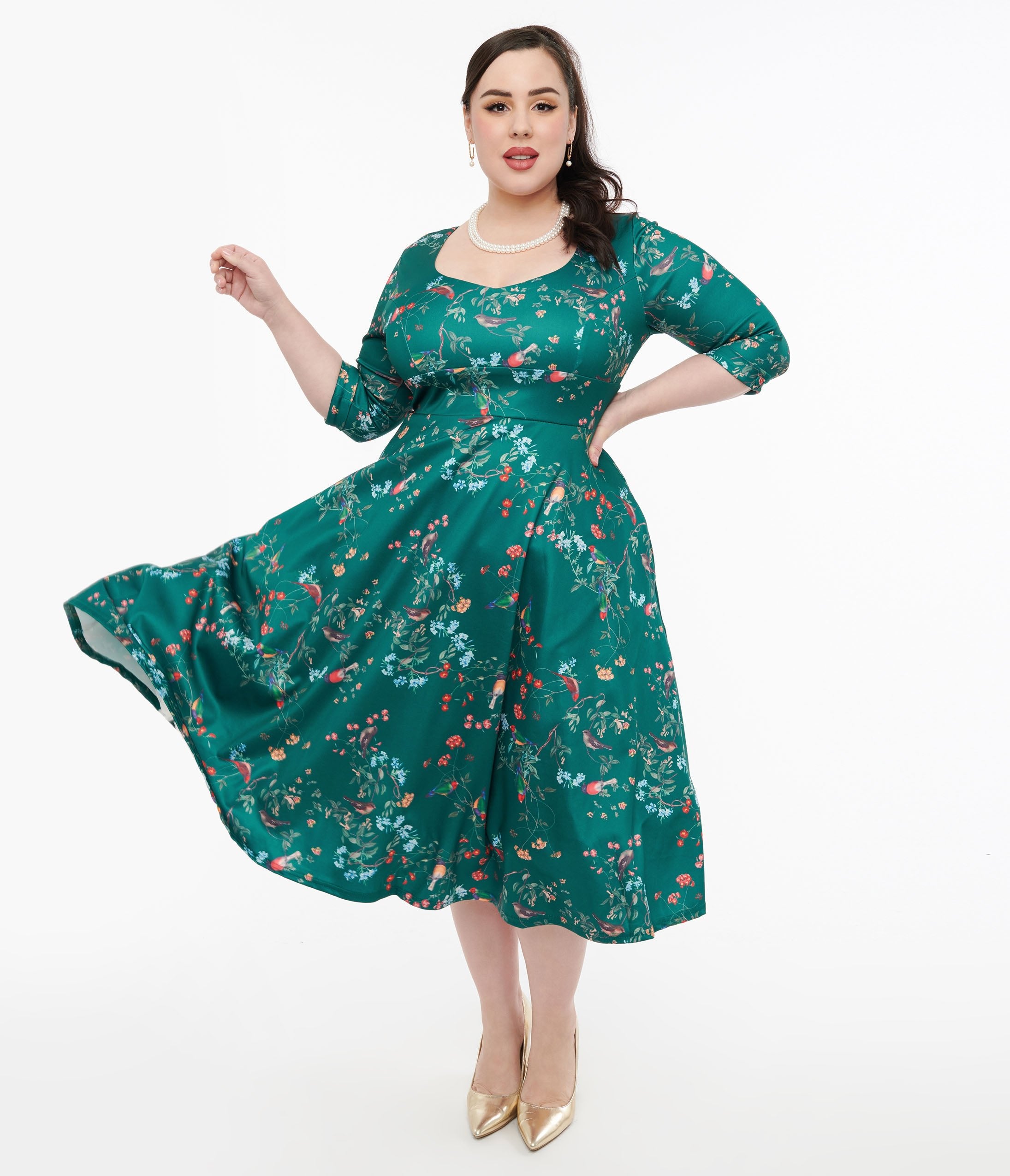 Dolly & Dotty 1950s Green Bird Print Swing Dress