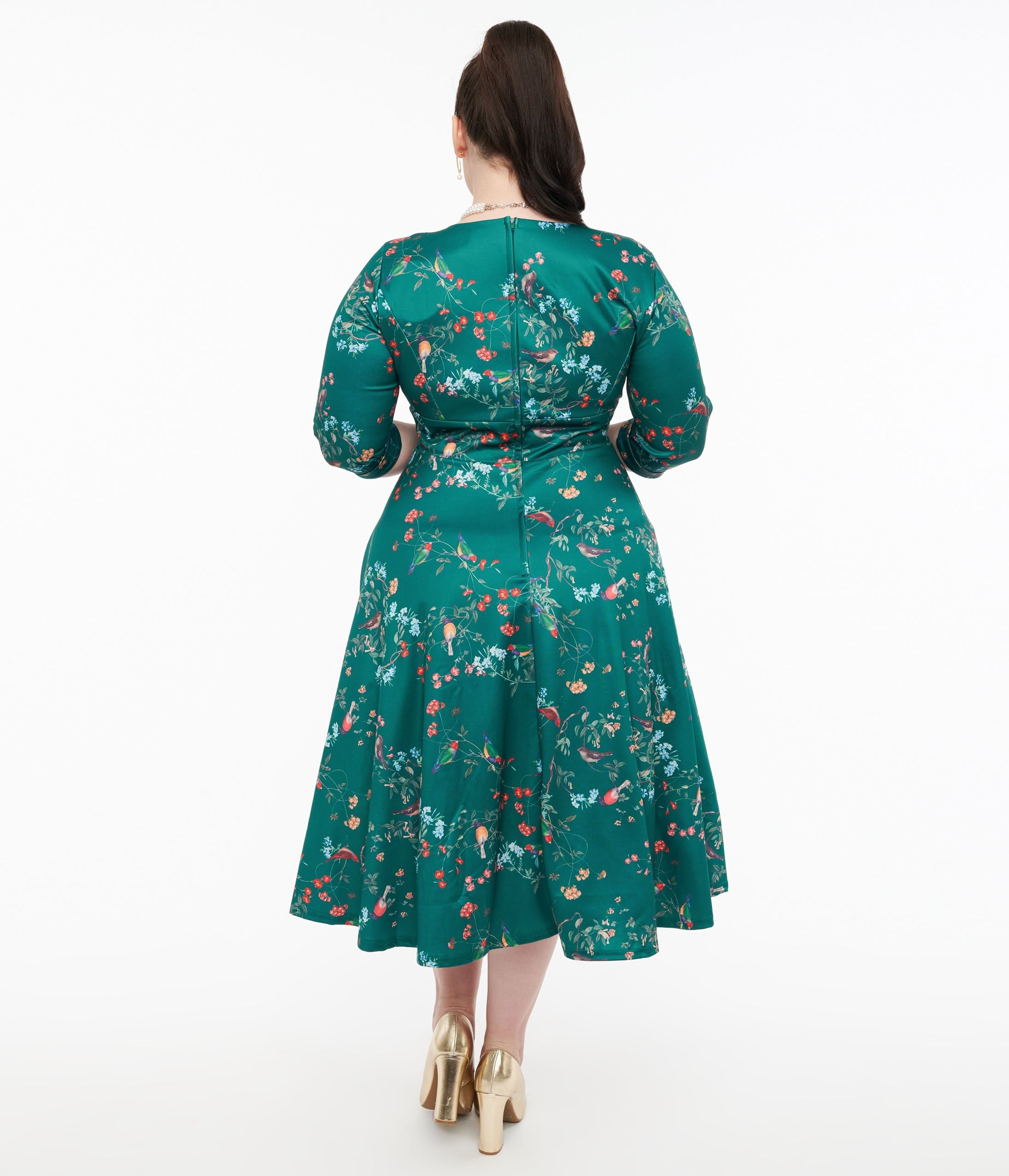 Dolly & Dotty 1950s Green Bird Print Swing Dress