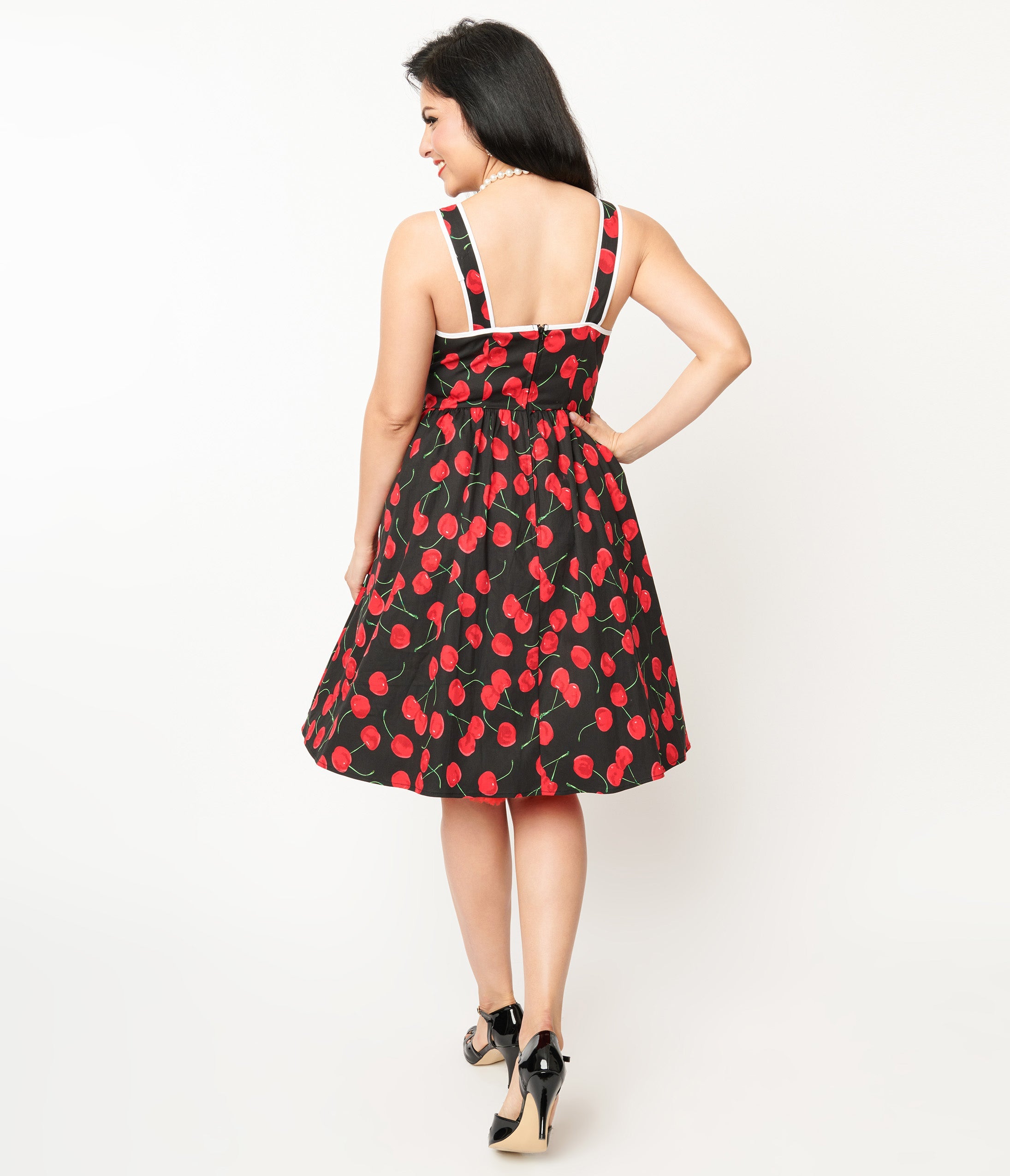 Unique Vintage 1950s Black & Cherry Print Cotton Pinafore Swing Dress