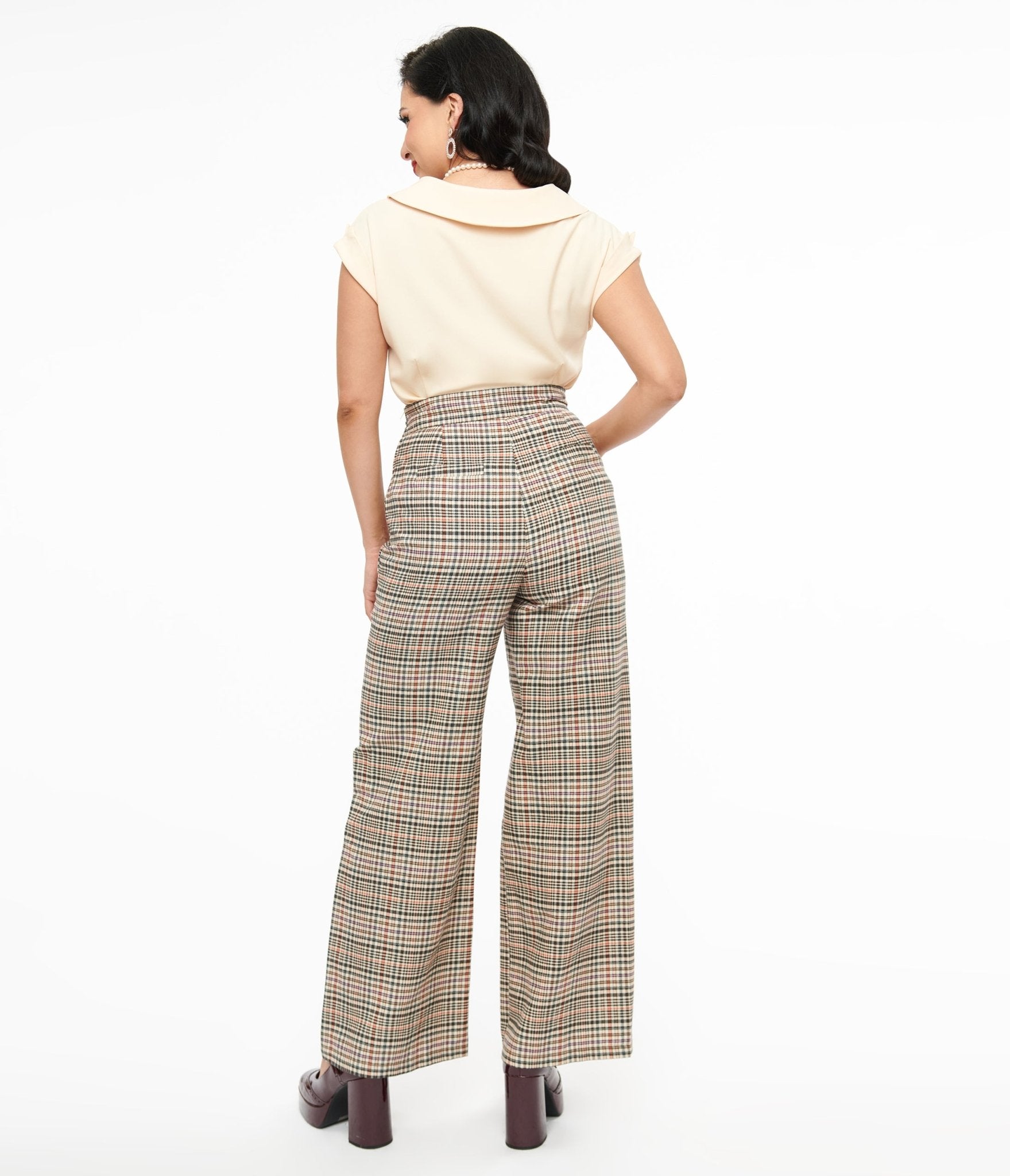 Unique Vintage 1940s Beige Plaid High Waist Sailor Ginger Pants