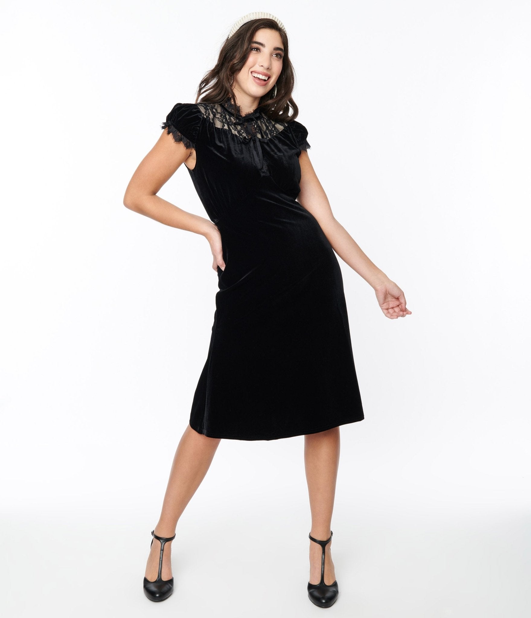 Black Velvet Lace Midi Shift Dress