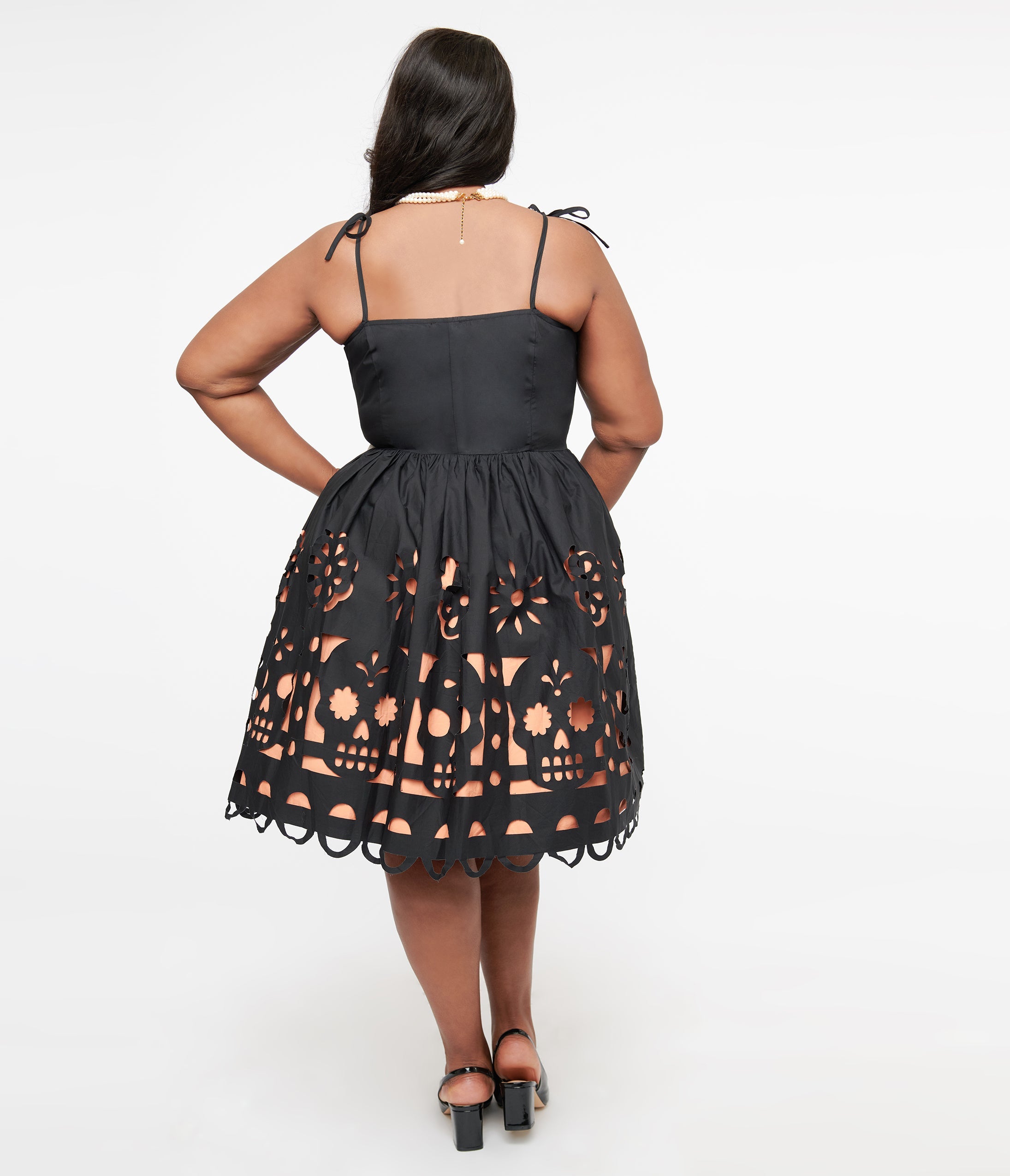 Unique Vintage Plus Size 1950s Black & Orange Dia De Los Muertos Cutout Bobbie Swing Dress