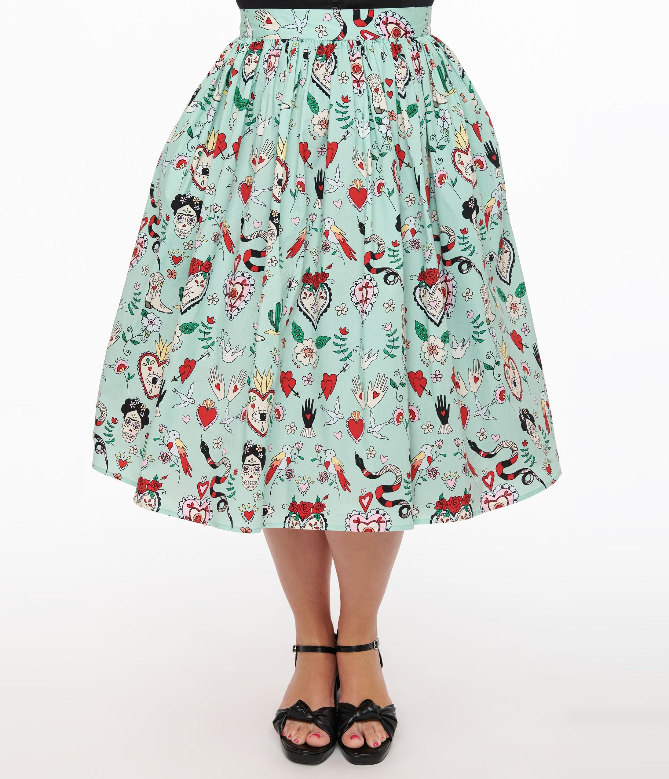 Hell Bunny 1950s Mint Green Tijuana Print Cotton Swing Skirt