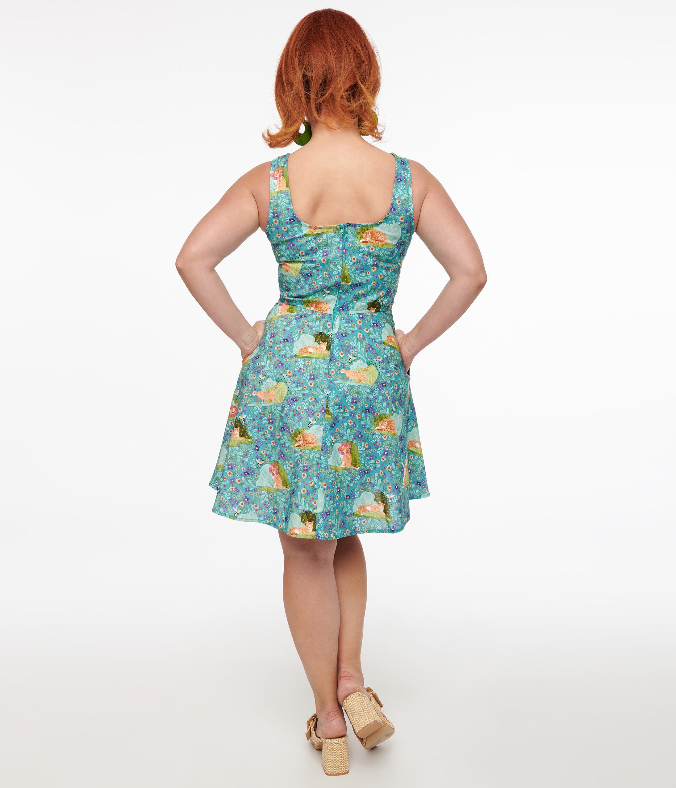 Retrolicious 1950s Blue Cat Leaf Print Cotton Skater Dress