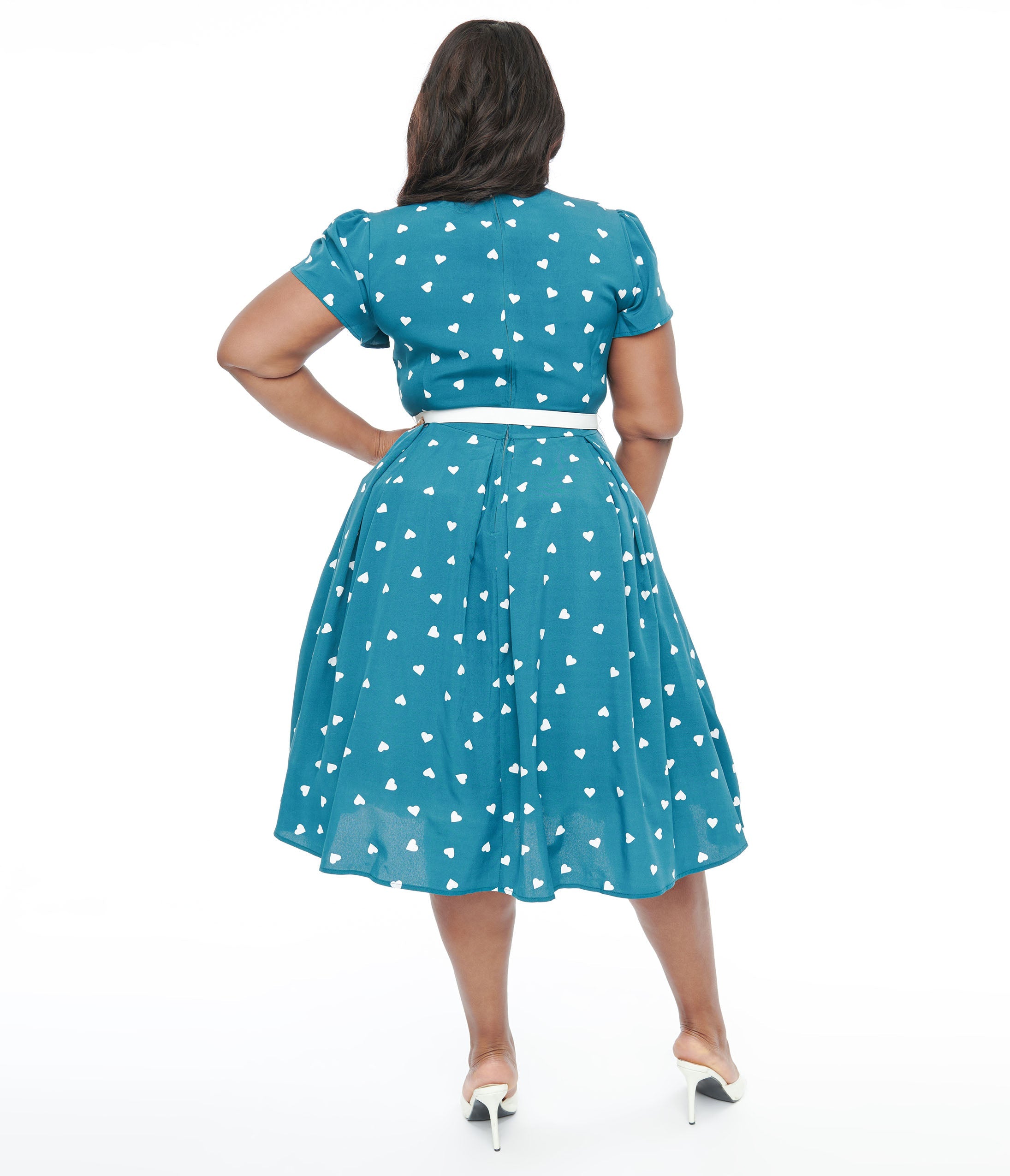 Unique Vintage Plus Size 1940s Teal & White Heart Dahlia Swing Dress