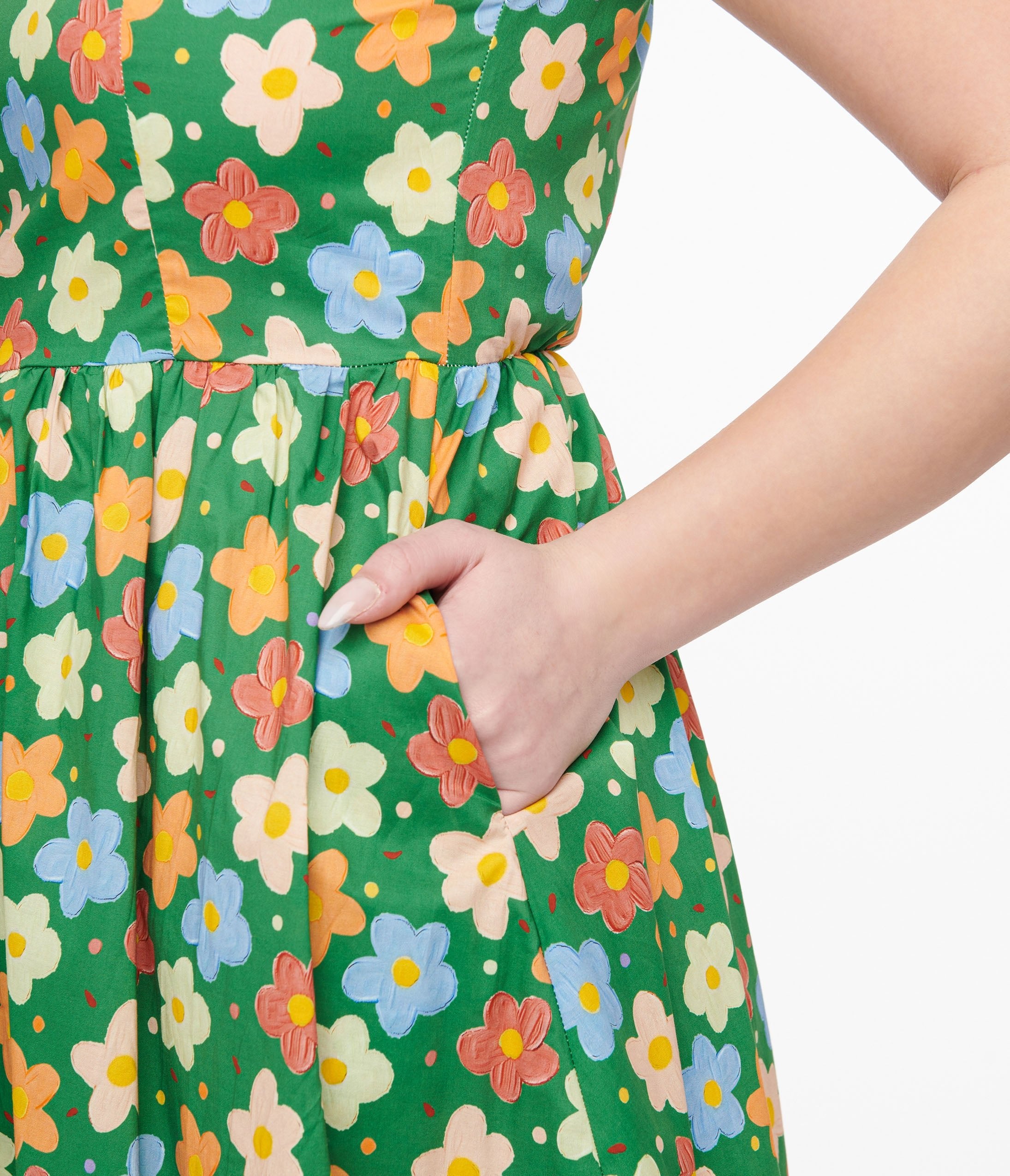 1950s Green Retro Floral Cotton Fit & Flare Dress