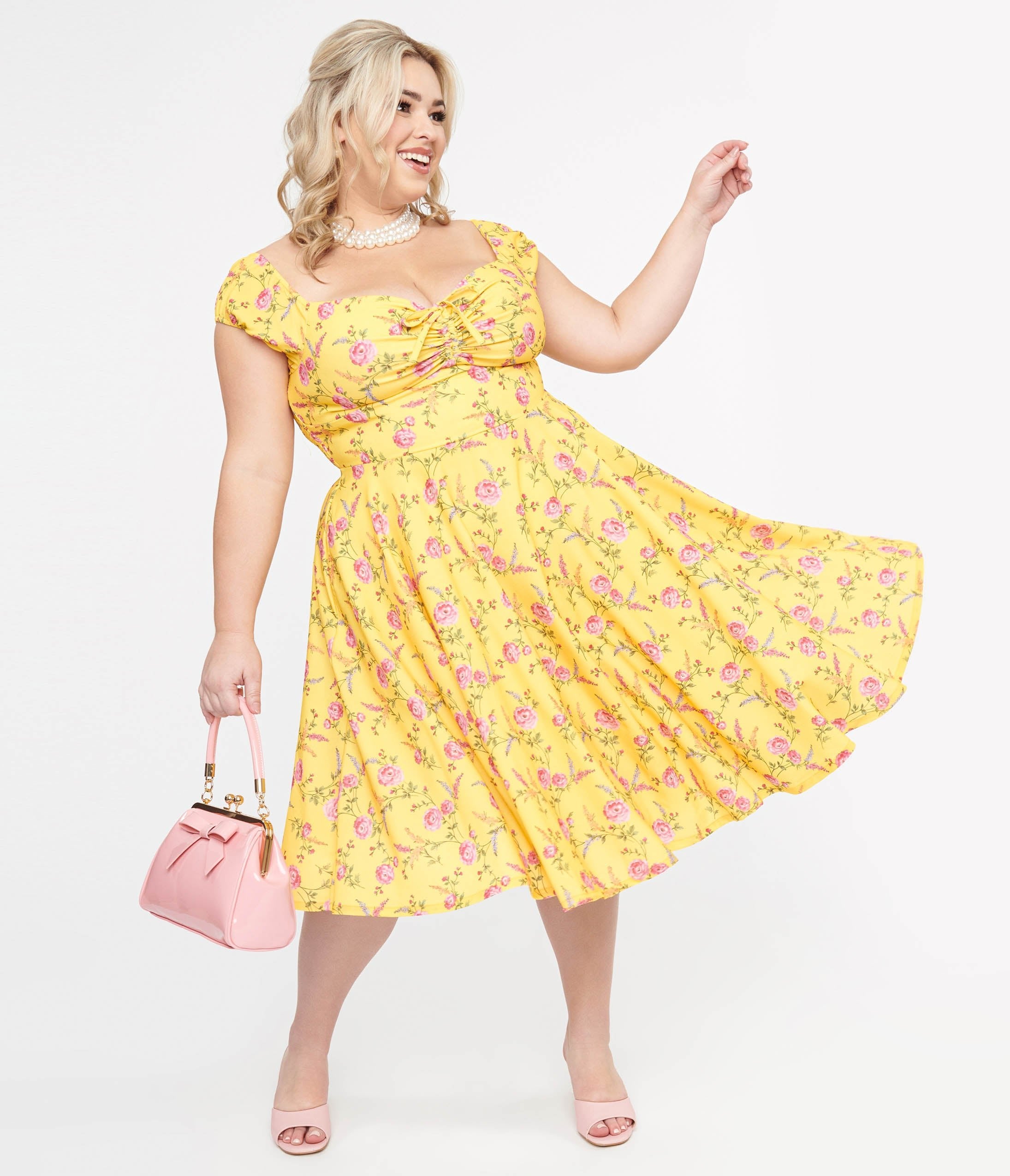 Plus Size 1950s Yellow & Fuchsia Floral Victoria Swing Dress