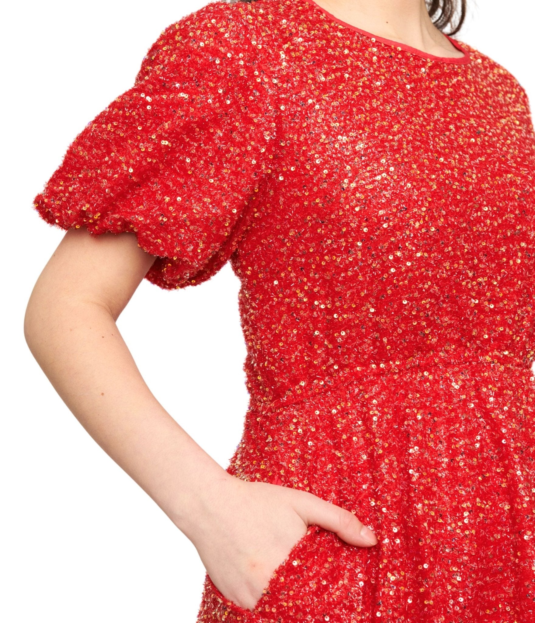 Red Sequin Puff Sleeve Flare Dress