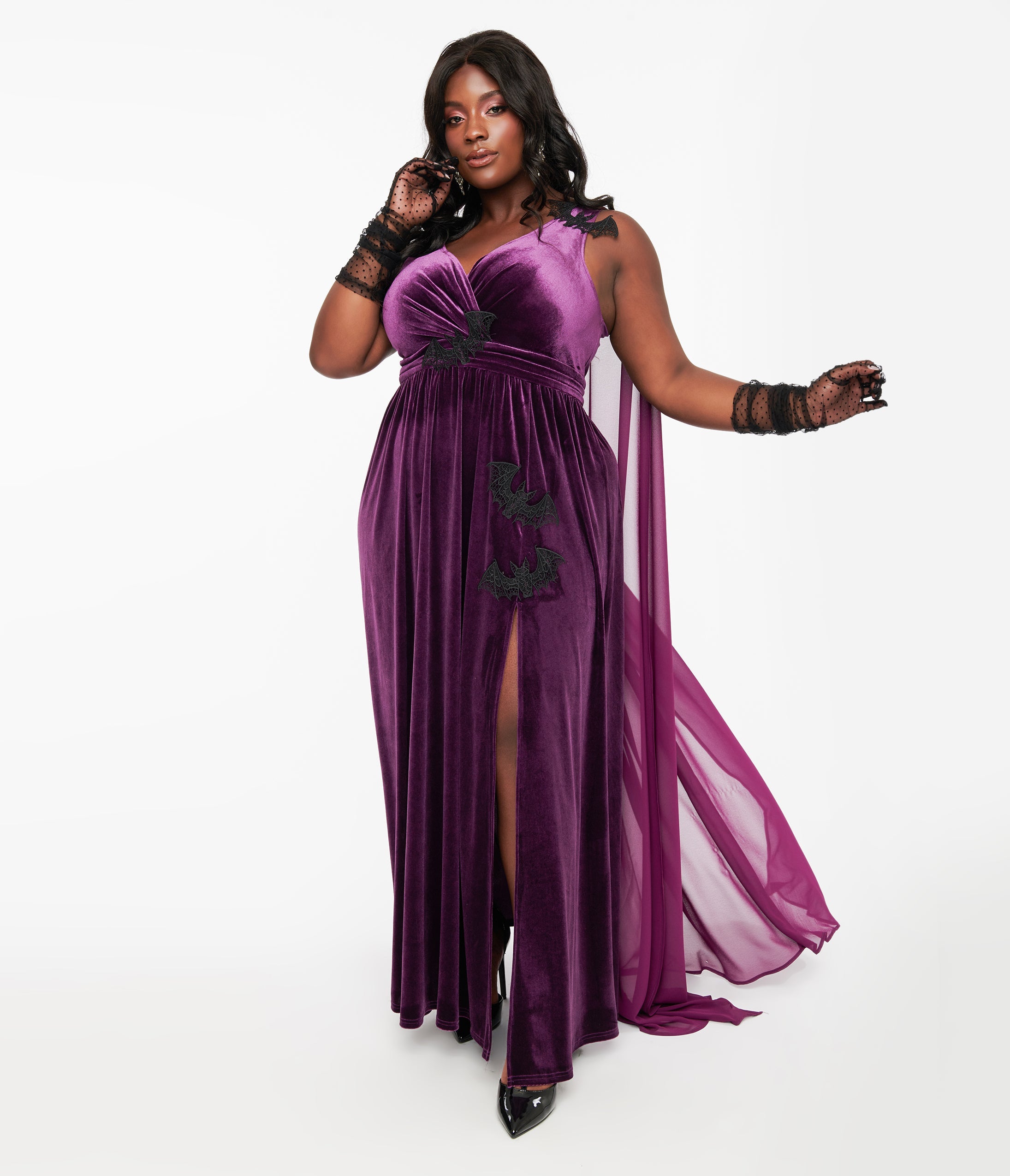 Unique Vintage Plus Size Eggplant & Black Bat Velvet Cape Gown