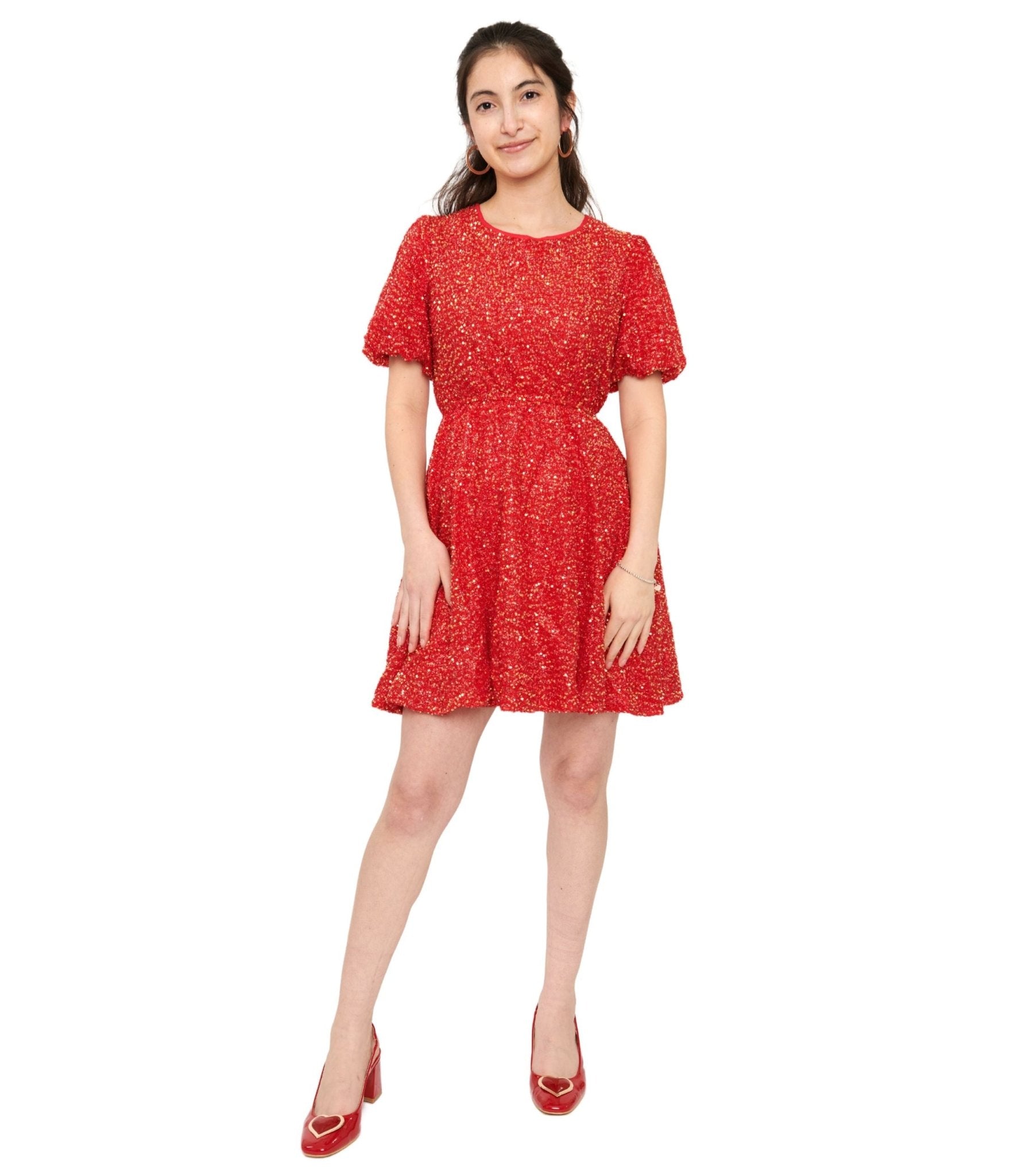 Red Sequin Puff Sleeve Flare Dress