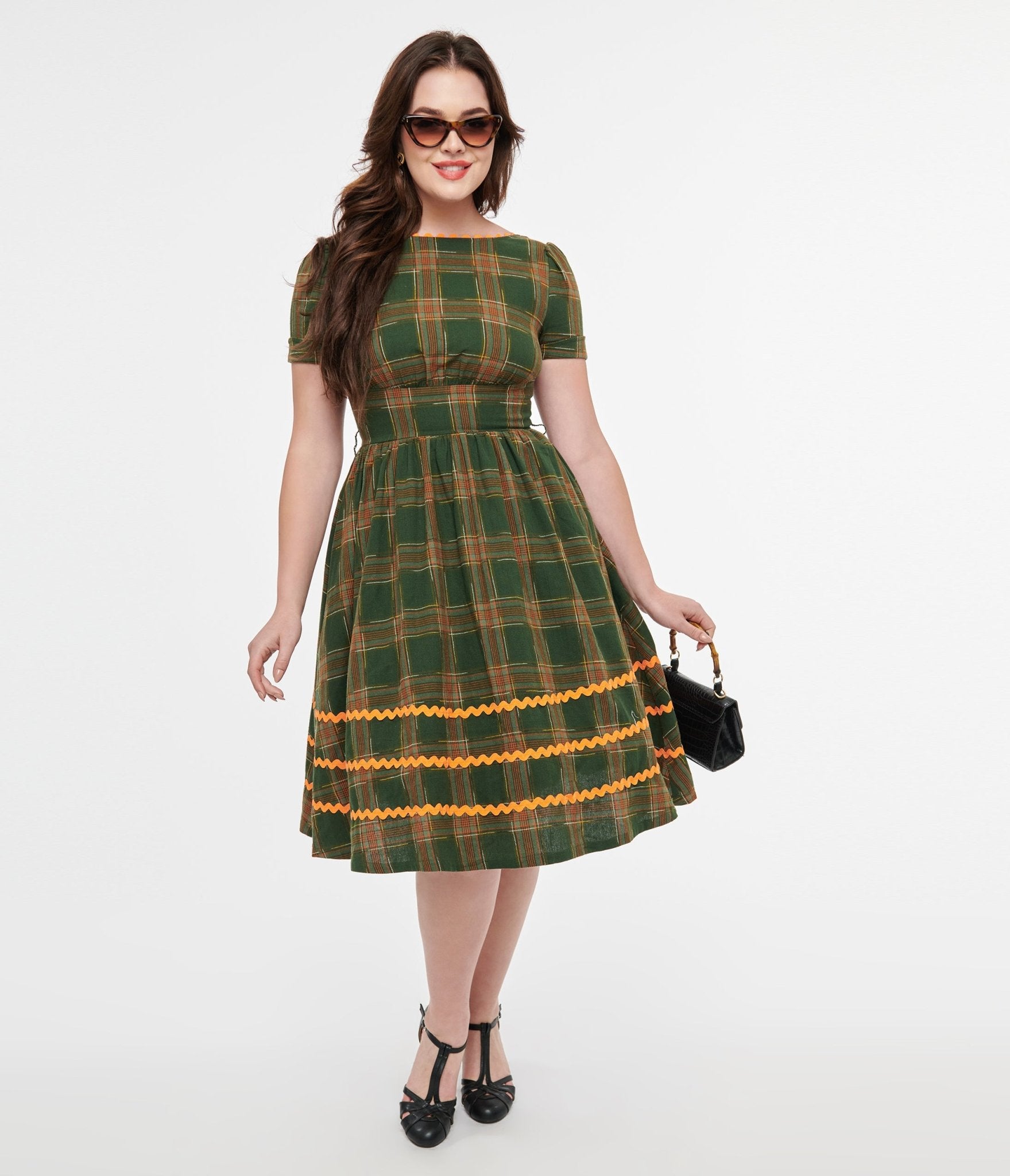 Unique Vintage 1950s Green Plaid Cotton Swing Dress