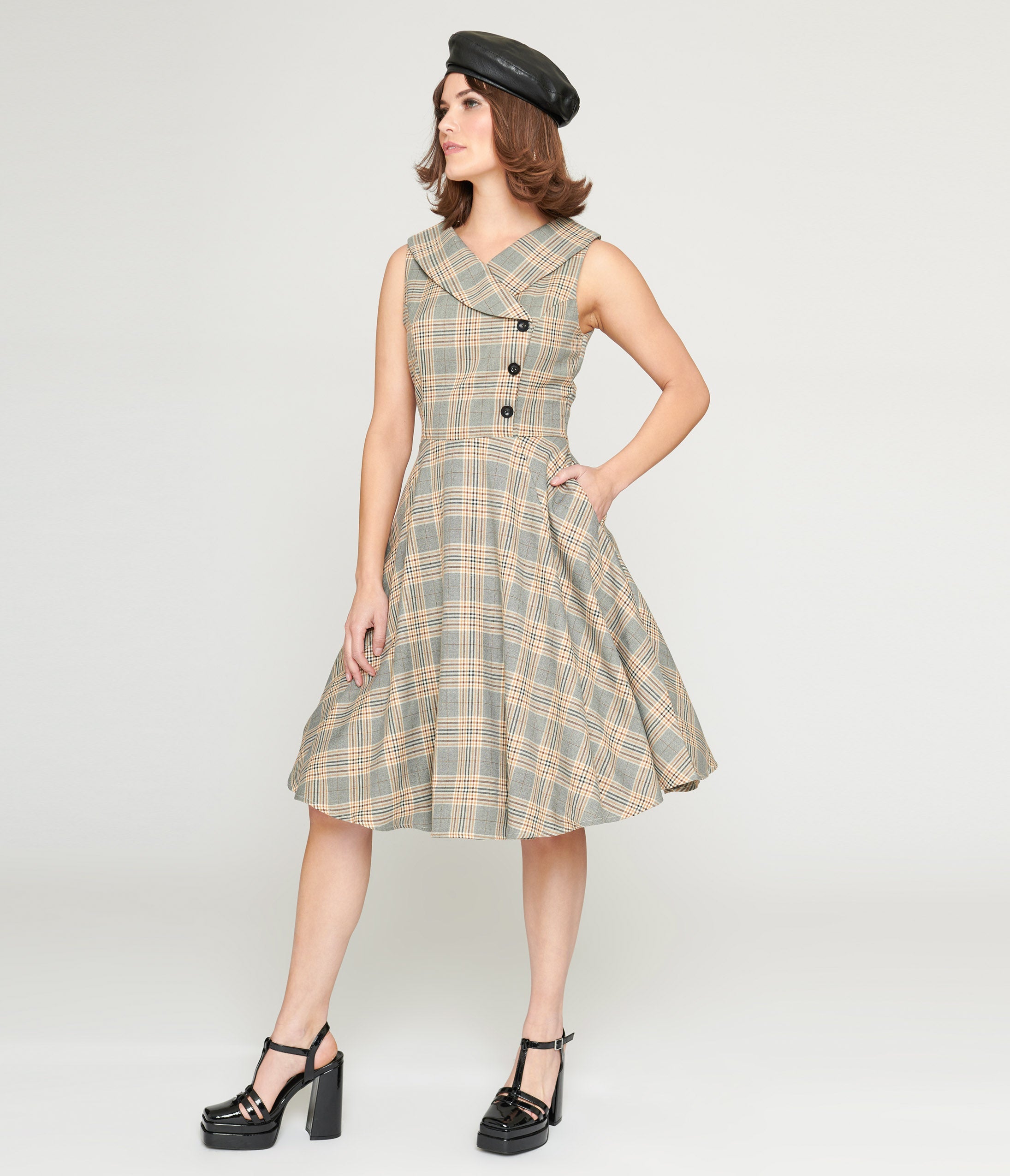 1950s Grey Plaid Swing Dress