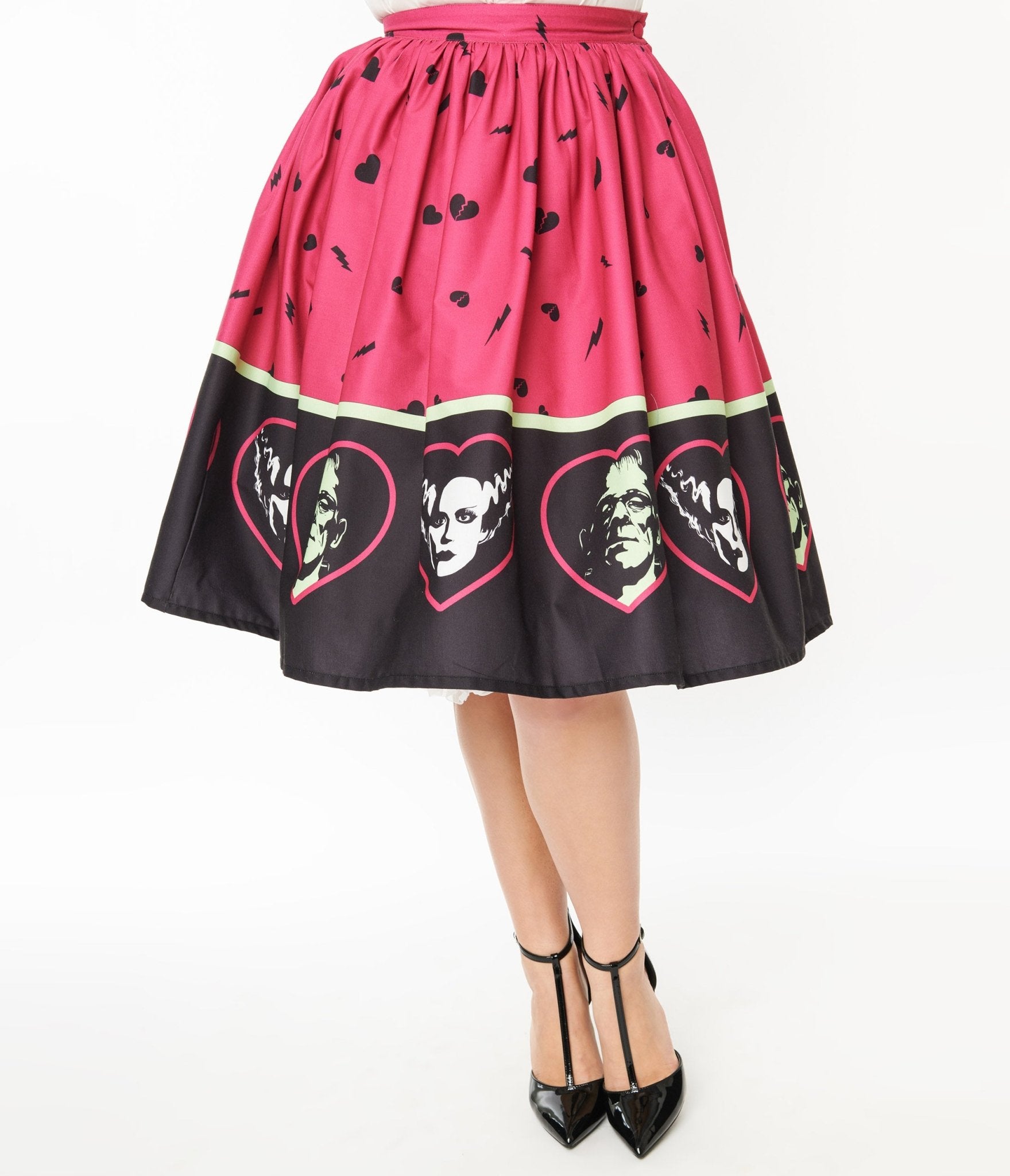 Universal Monsters x Unique Vintage Frankenstein & Bride Of Frankenstein Border Gellar Swing Skirt