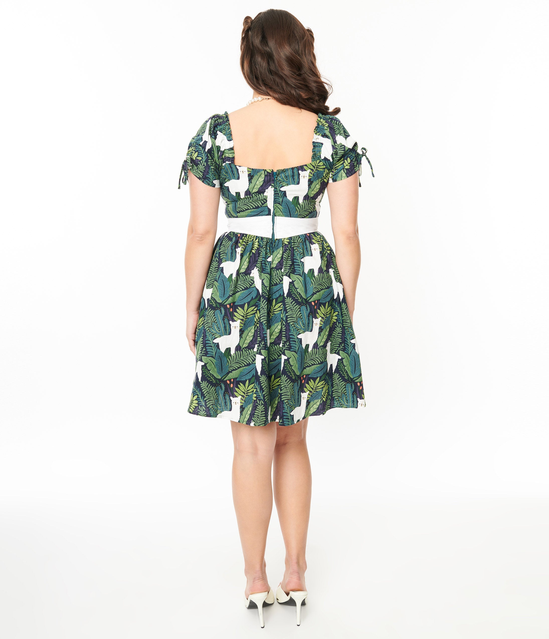 Unique Vintage 1950s Green Leaf & Llama Print Cotton Dakota Flare Dress