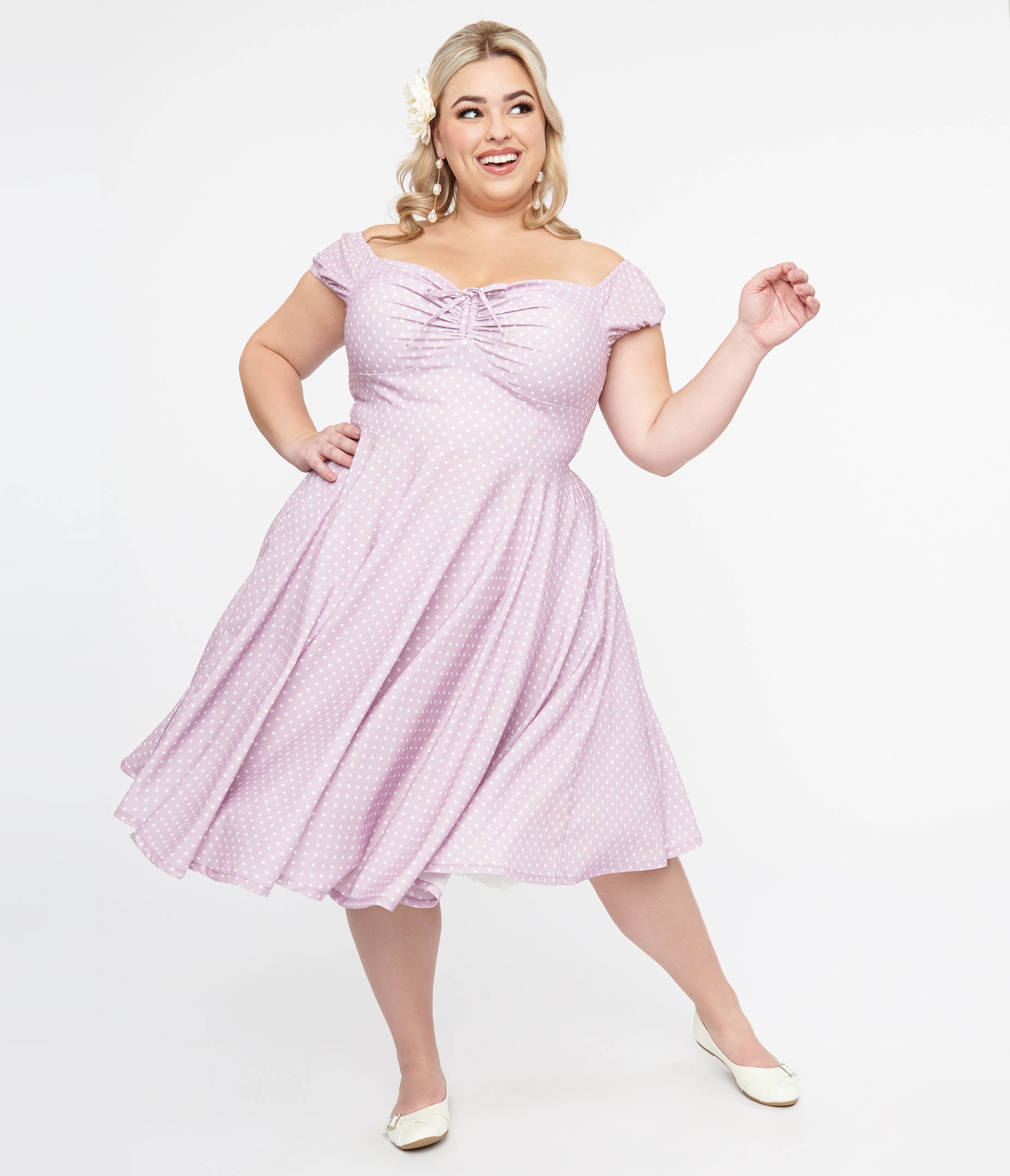 Plus Size 1950s Lavender & White Heart Print Victoria Swing Dress